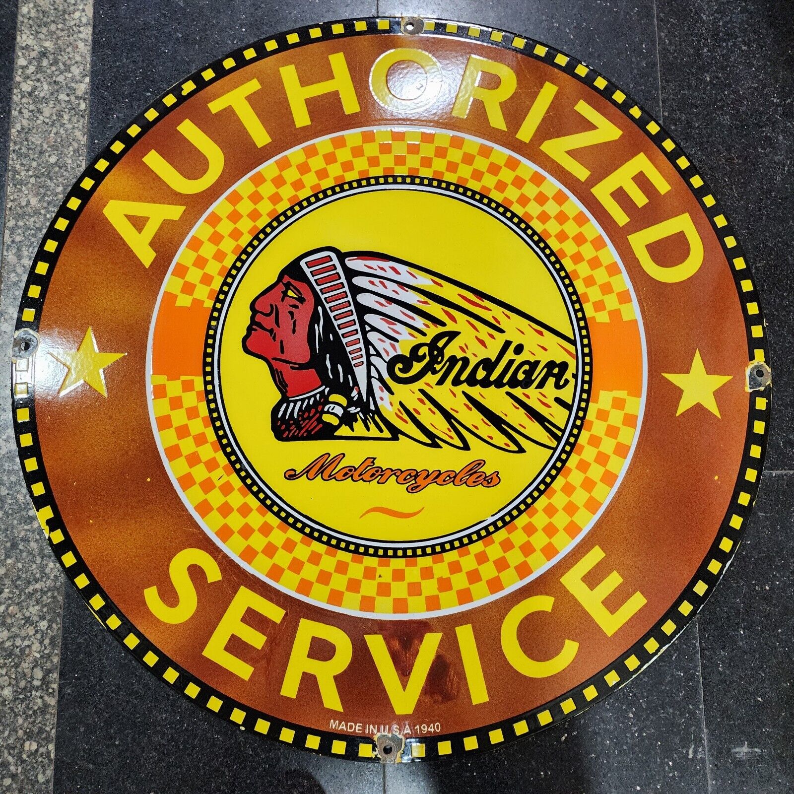 INDIAN MOTORCYCLES PORCELAIN ENAMEL SIGN 30 INCHES ROUND