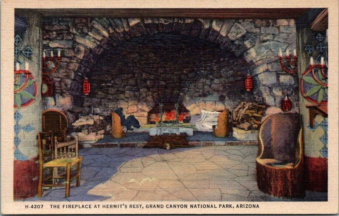 Fred Harvey 1937 Hermits Rest Fireplace Big Bear Rug Candles Grand Canyon AZ UNP