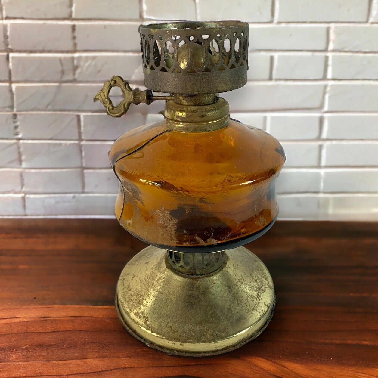Vintage Amber Glass Oil Lamp With Metal Brass Base and Top 8” By Sail Boat Brand