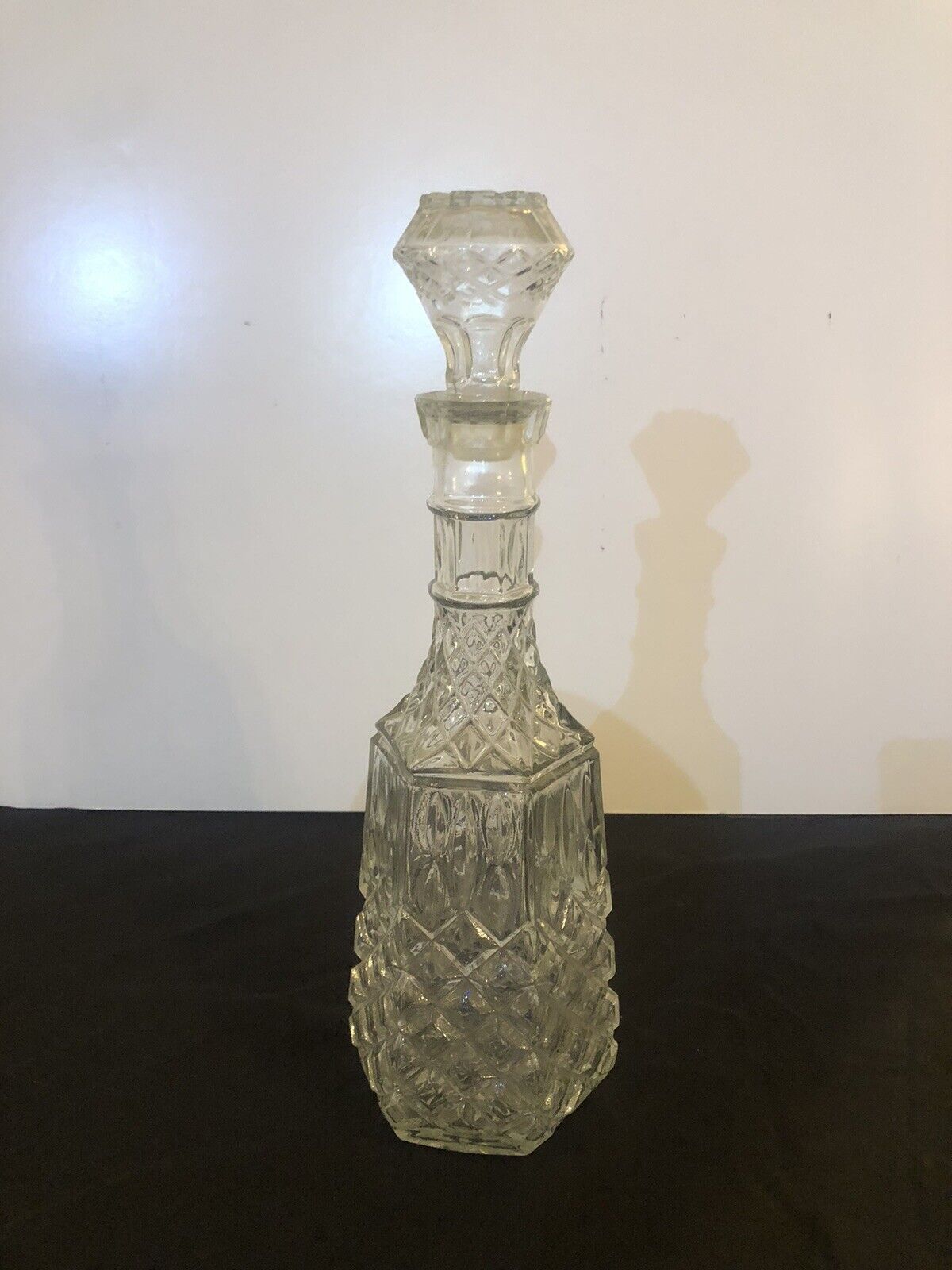 Vintage clear Glass hexagonal bottle decanter w stopper diamond & flower 15\