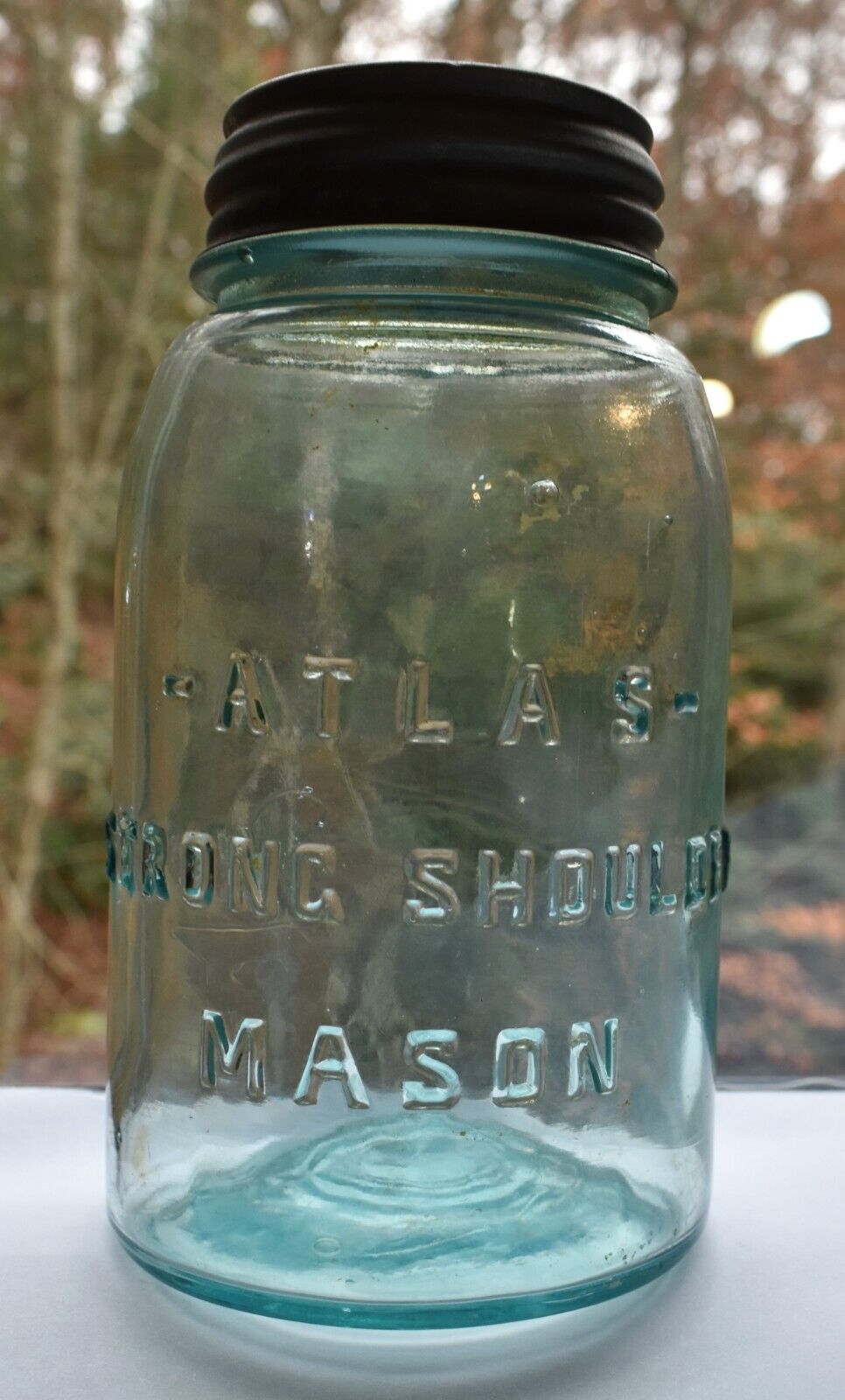 1938 Atlas Stong Shoulder Mason Jar Rare Iridescent Aqua Blue Blown Molded 7