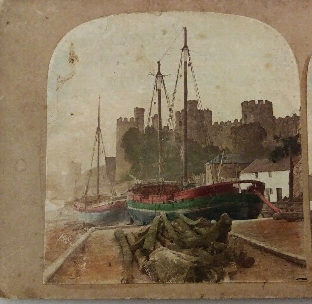 Conway North Wales Ship Dock Castle Color Tinted Stereoview Photo