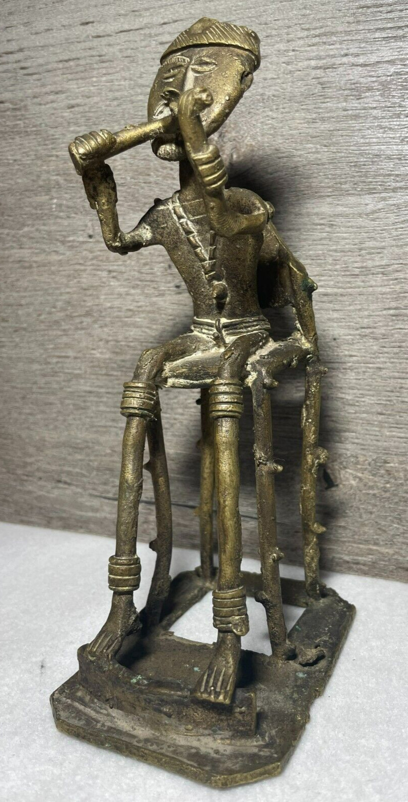 Unique Vintage VTG Brass Tribal Man in Chair Smoking Pipe or Playing Instrument