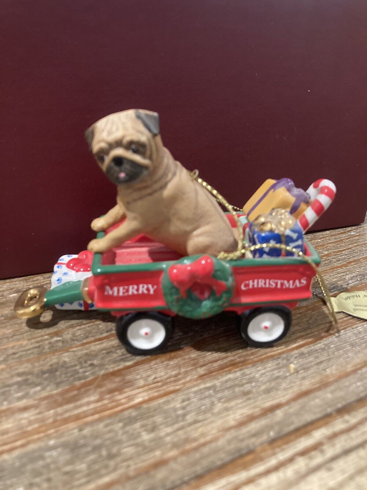 Danbury Mint Christmas ornament Pug dog 2011 A Waggin Holiday