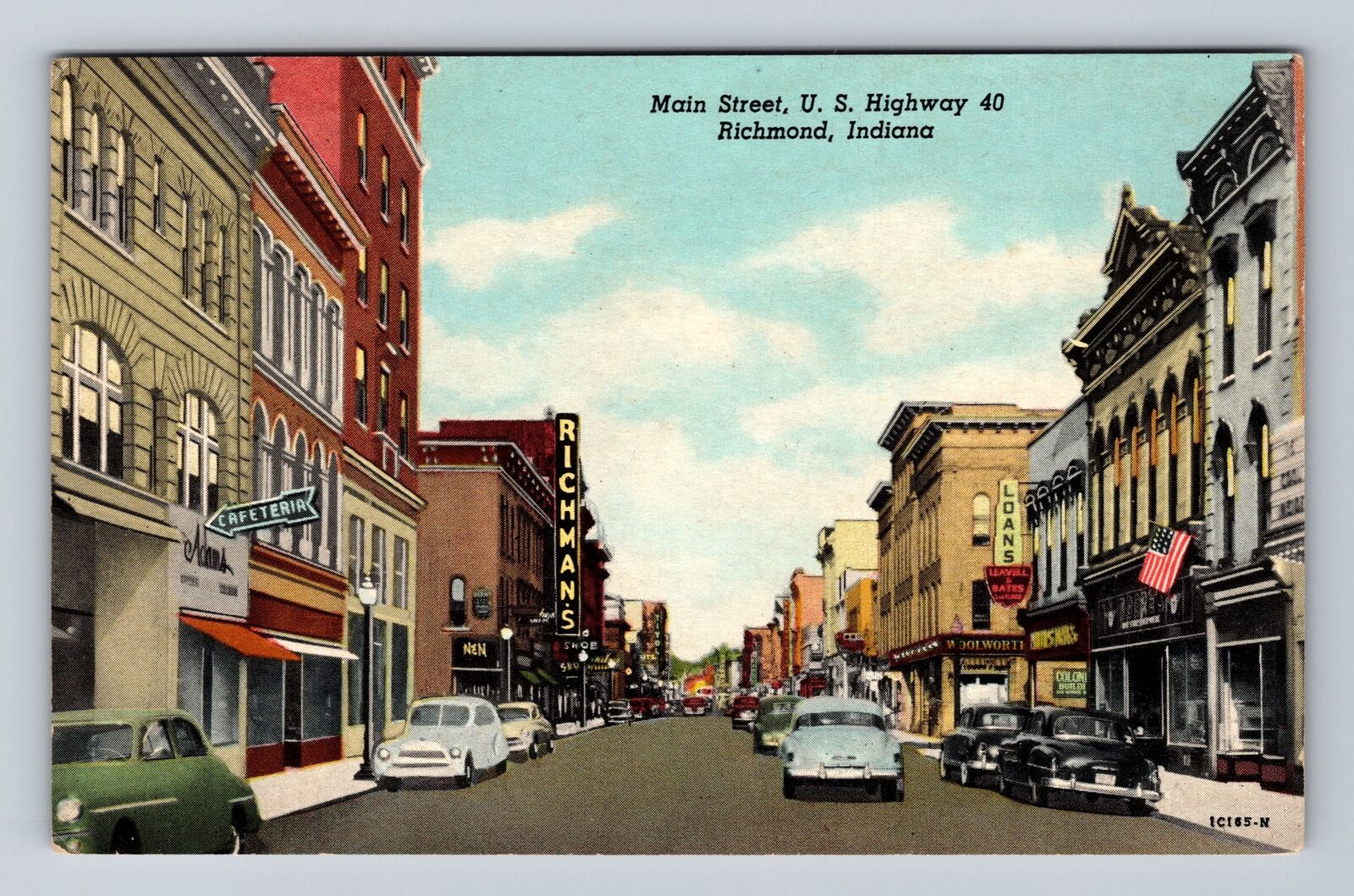 Richmond IN-Indiana, Storefronts On Main Street, Highway 40 Vintage Postcard