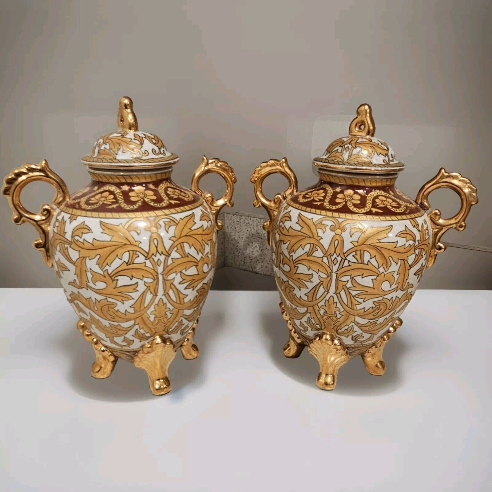 Pair Vintage Chinese  Porcelain Ginger Temple Jars 12