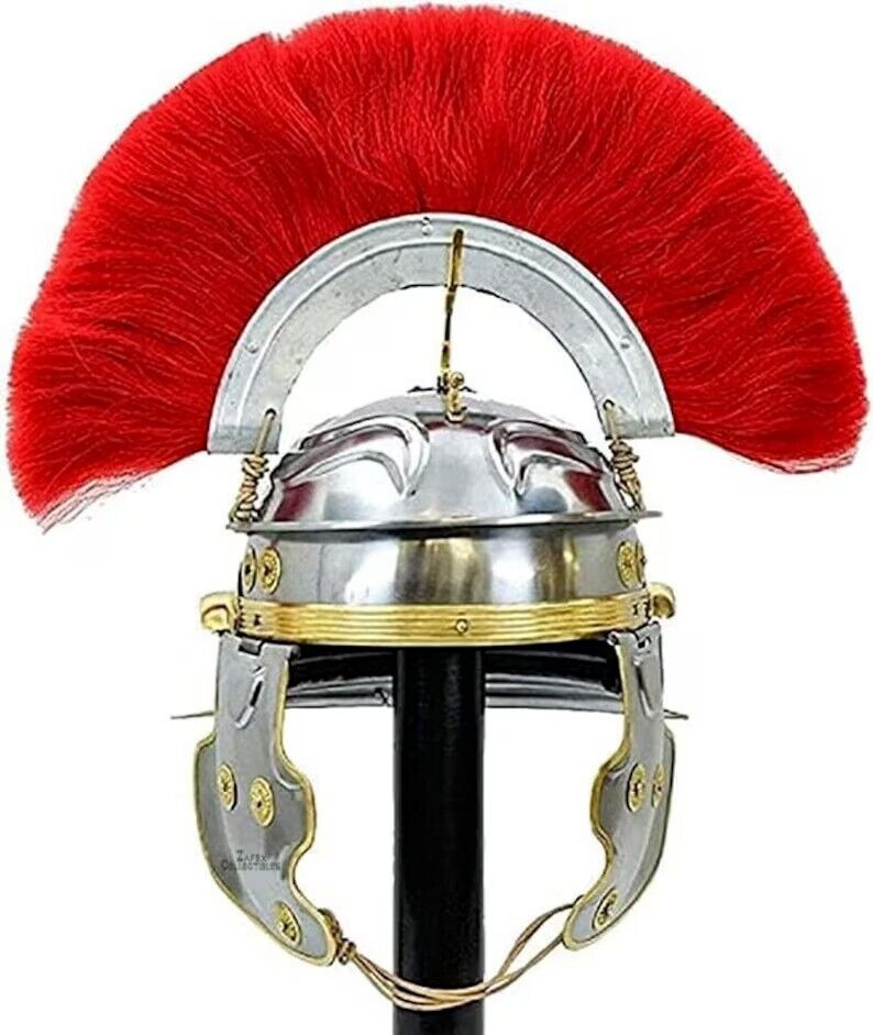 Roman Imperial Gallic Centurion MS Steel Helmet with Brass Design & Red Plume