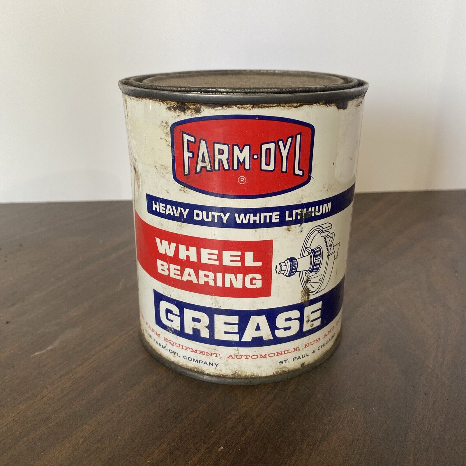 Vtg c. 1950s 60s Farm-Oyl 2lb Wheel Bearing Grease Tin Metal Can 1/2 Full