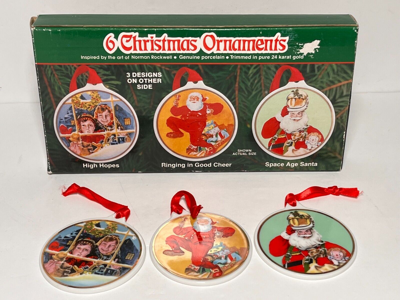 VTG 1985 Norman Rockwell Museum 6 Porcelain Christmas Ornaments w/24KT Gold Trim