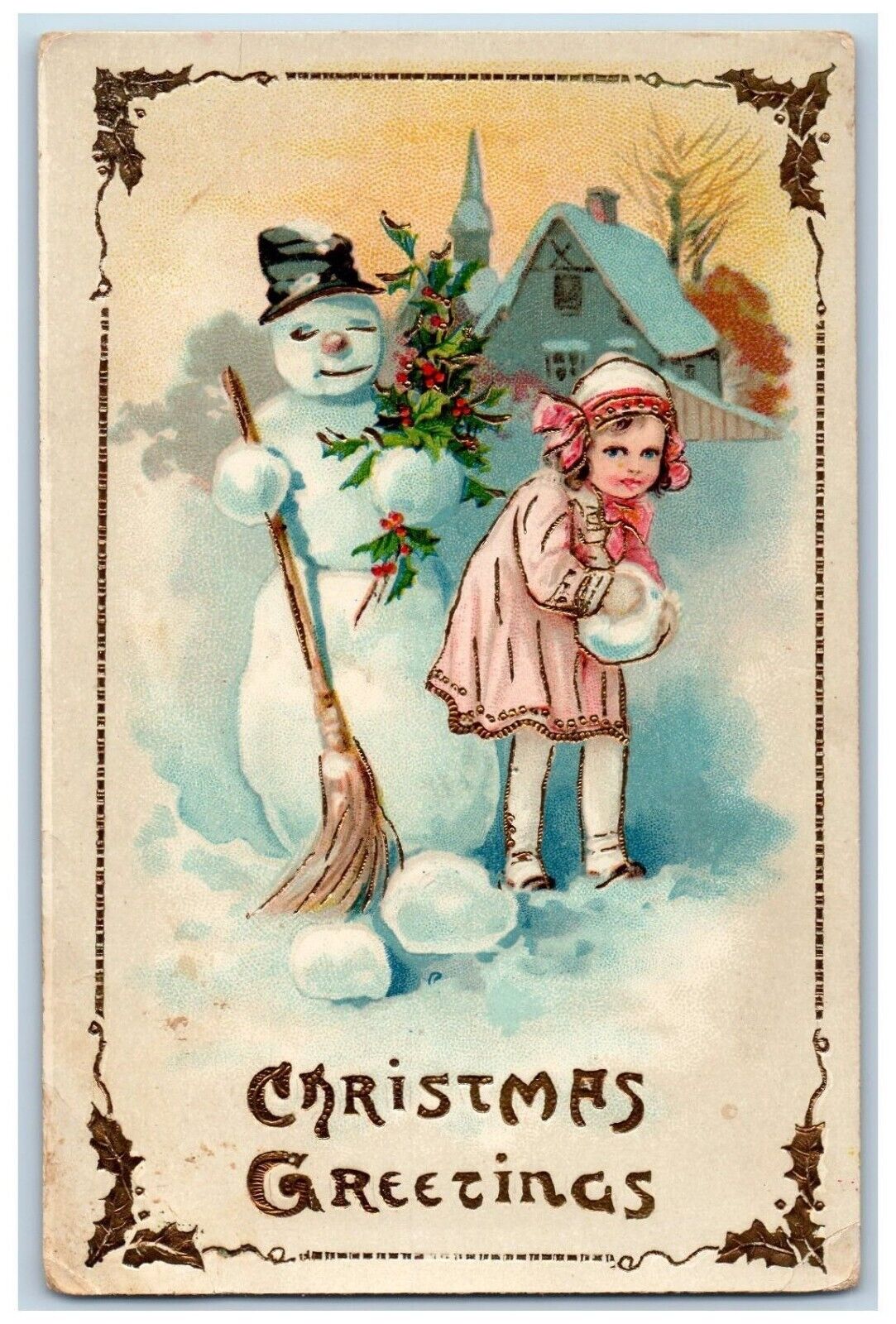 Christmas Postcard Greetings Girl Snowman With Holly Berries Gel Gold Gilt 1914