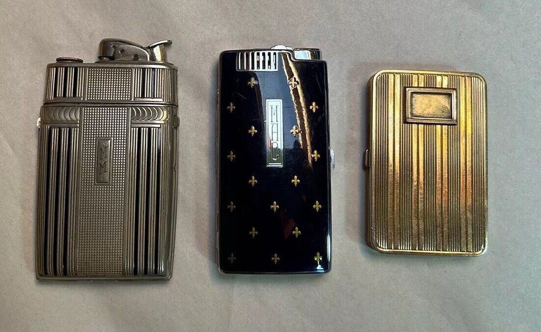 Three Vintage Deco Lighter & Cases & Watch Powder Compact Metal & Enamel c1930