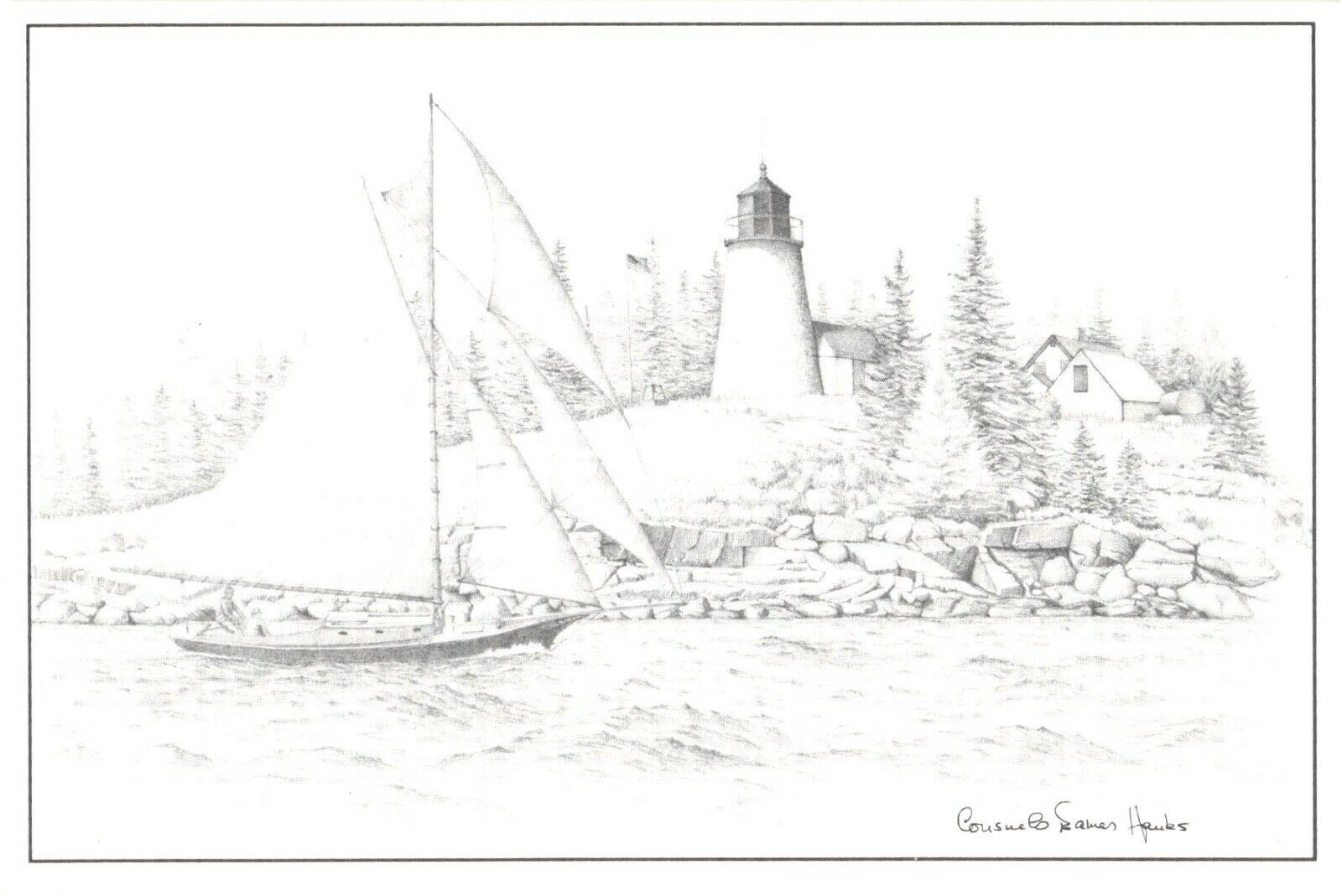 Portland Head Light Lighthouse In Maine Drawing By Consuelo Eames Hanks Postcard