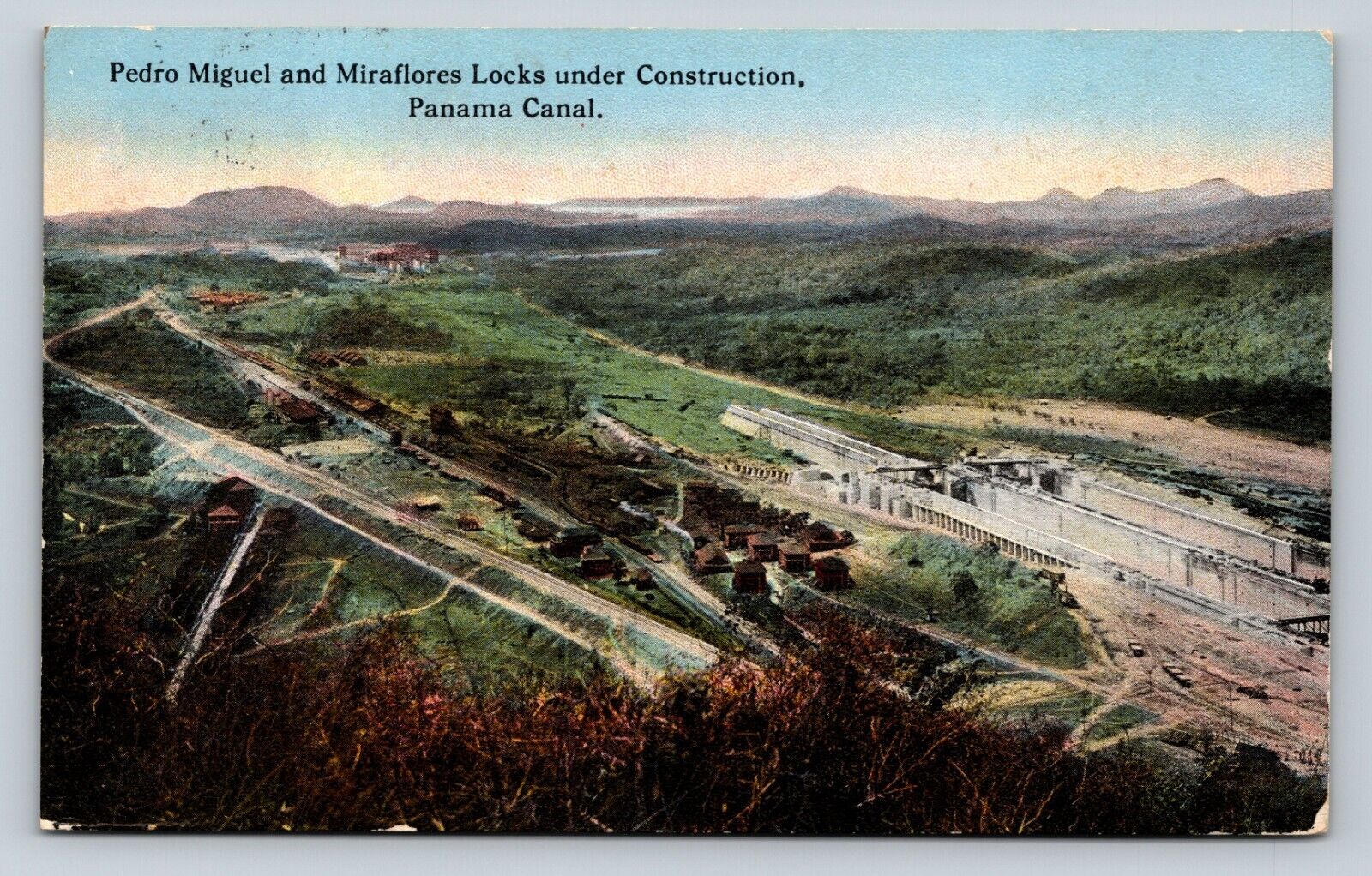 c1918 Pedro Miguel & Miraflores Locks Under Construction PANAMA CANAL Postcard