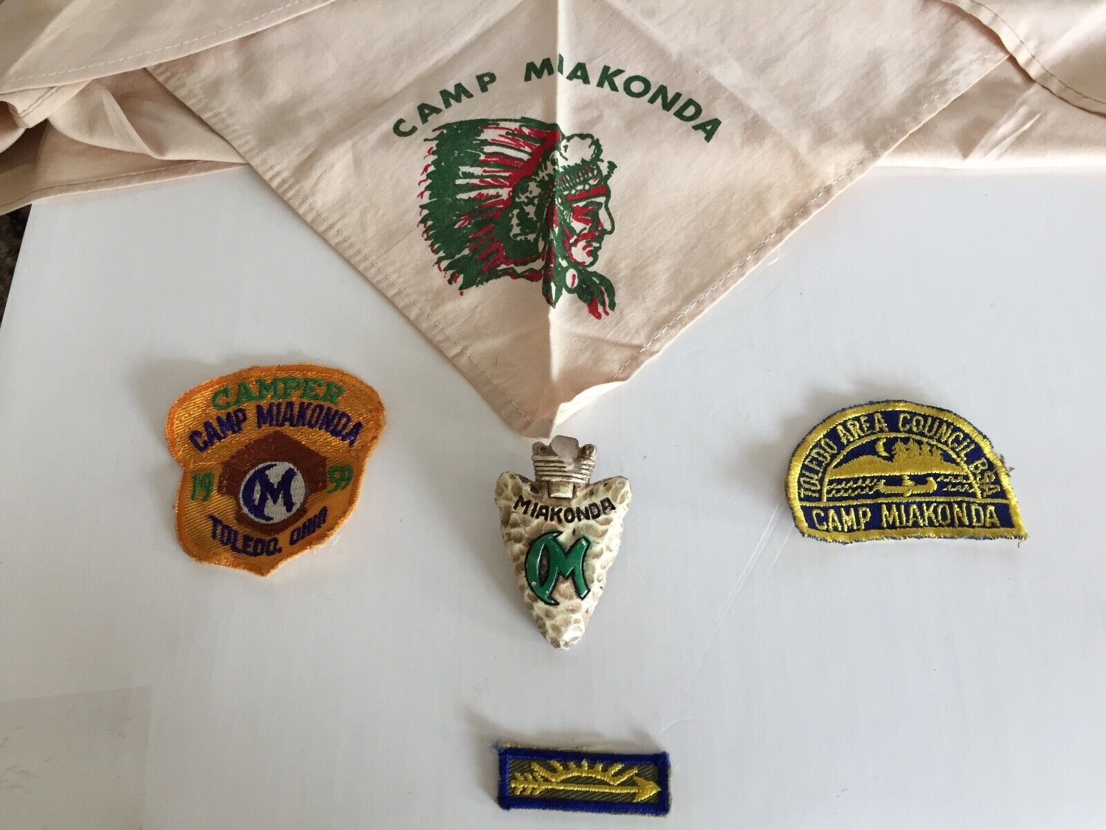 VTG Boy Scout Patches Camp Miakonda Neckerchief Arrowhead Slide Badges Ohio 1959