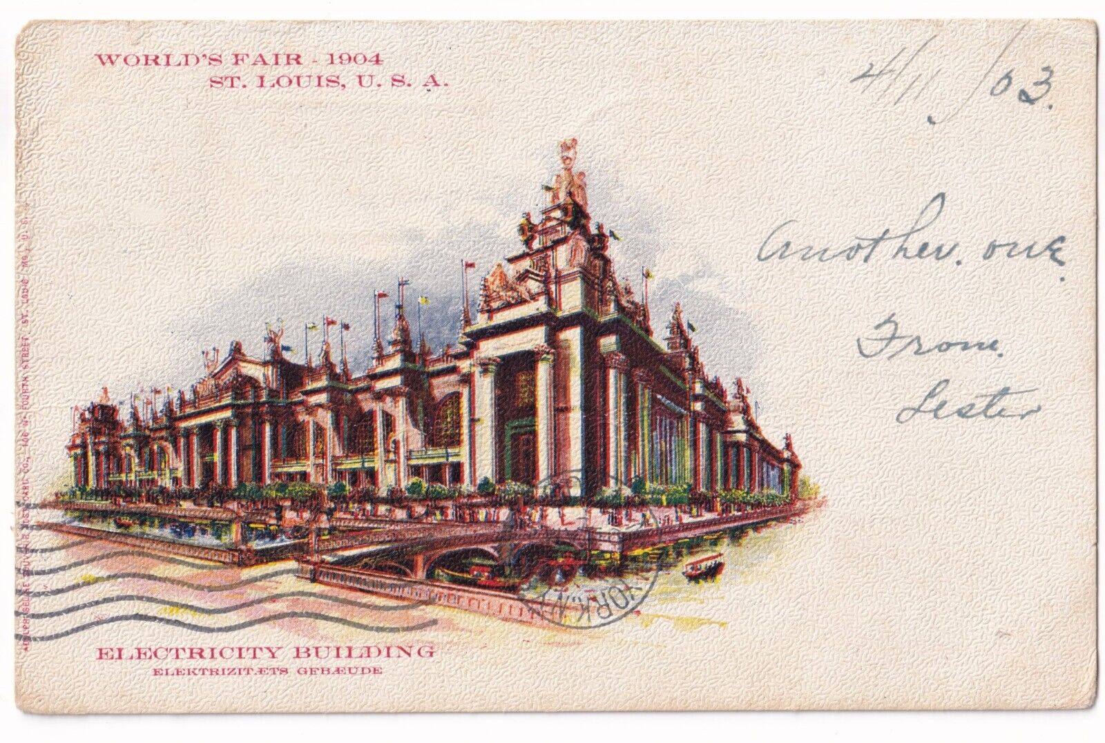 Post Card World's Fair 1904 St. Louis Electricity Building posted 1903