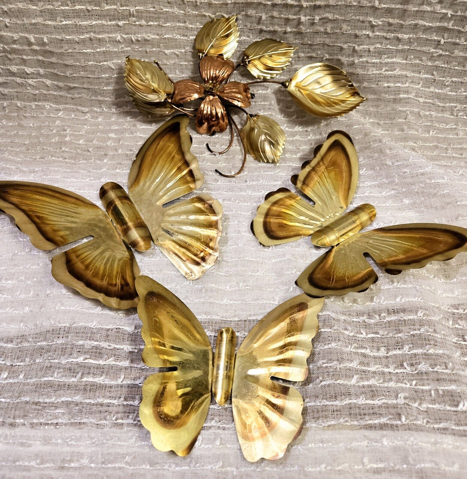Vintage Metal Brass Set of 3 Hanging Butterflies & Flower Cluster Wall Art 60's 