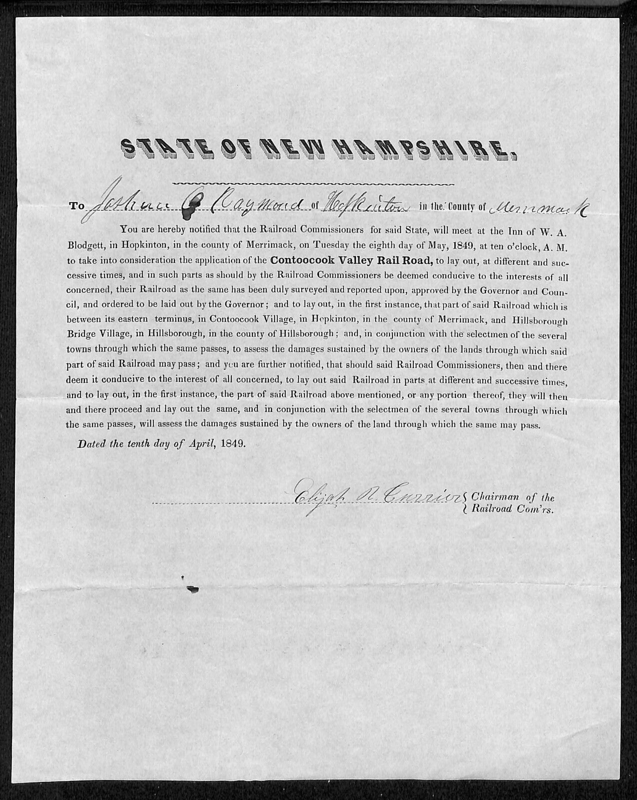State of New Hampshire - 1849 Notice re: Contoocook Valley Railroad Proposal