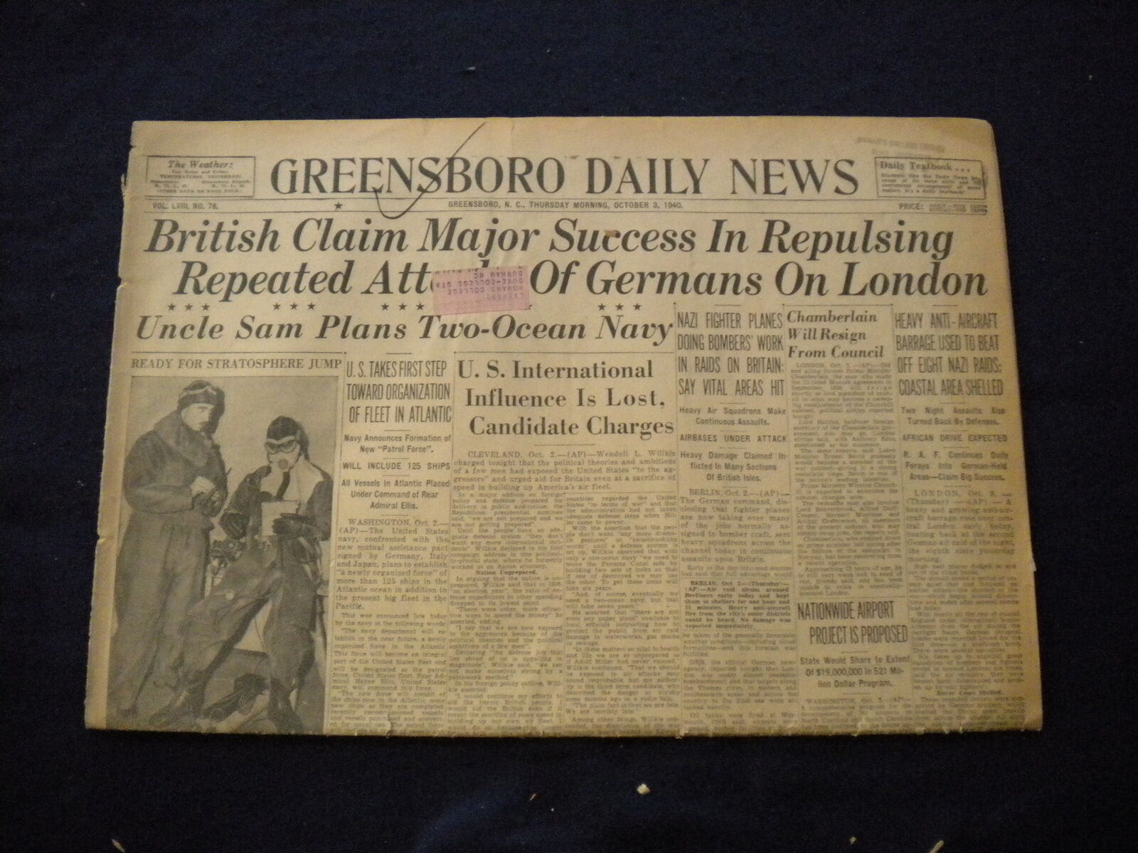 1940 OCT 3 GREENSBORO DAILY NEWS NEWSPAPER -BRITISH CLAIM MAJOR SUCCESS- NP 6029