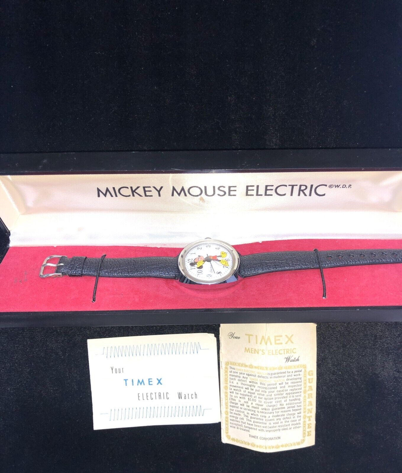 Vintage Mickey Mouse Timex Watch, Electric, Leather Band Walt Disney Box