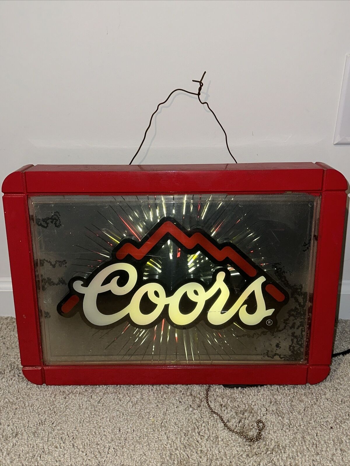 Vintage 1990 Coors Beer Red Starburst Mirror Light Up Bar Man Cave Sign Works