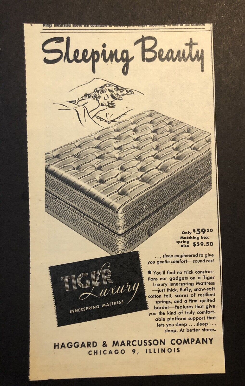 1950’s Tiger Luxury Mattress Sleeping Beauty Magazine Ad