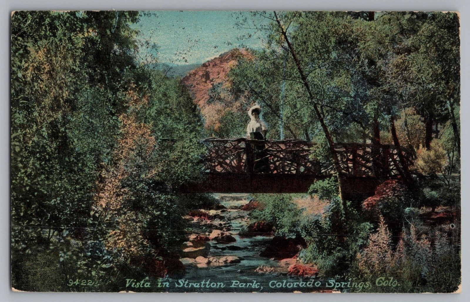 Postcard Stratton Park, Colorado Springs, Colorado - Bridge Pretty Lady Posing