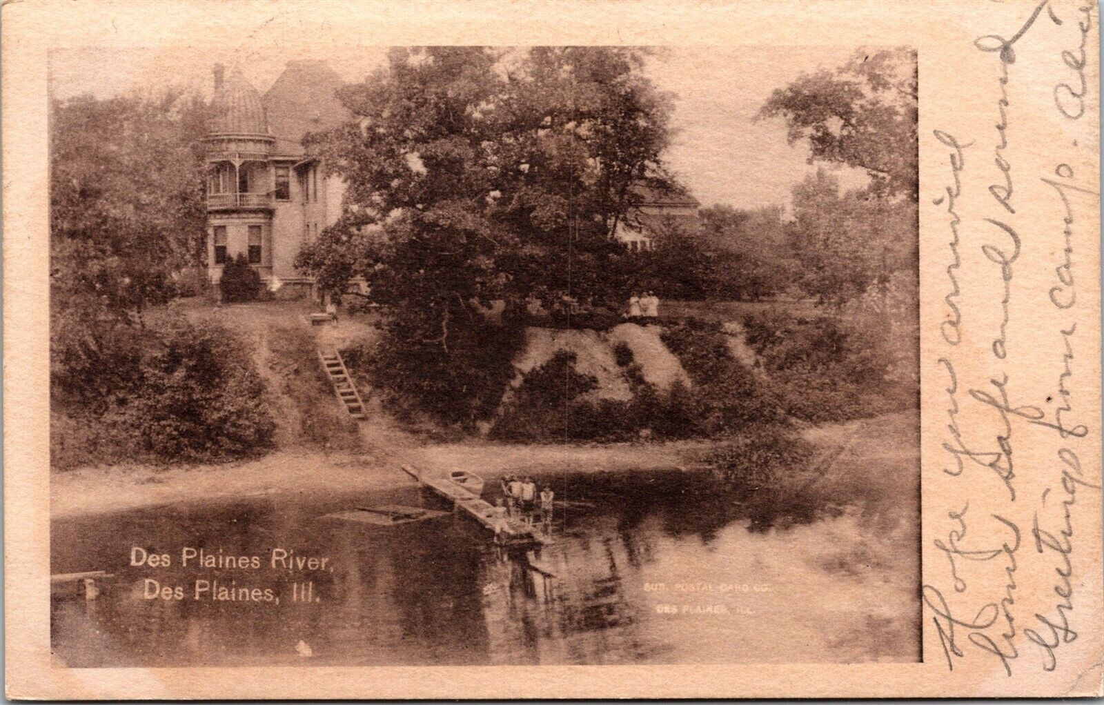 Vtg Des Plaines IL Des Plaines River House Children on Dock 1908 Postcard