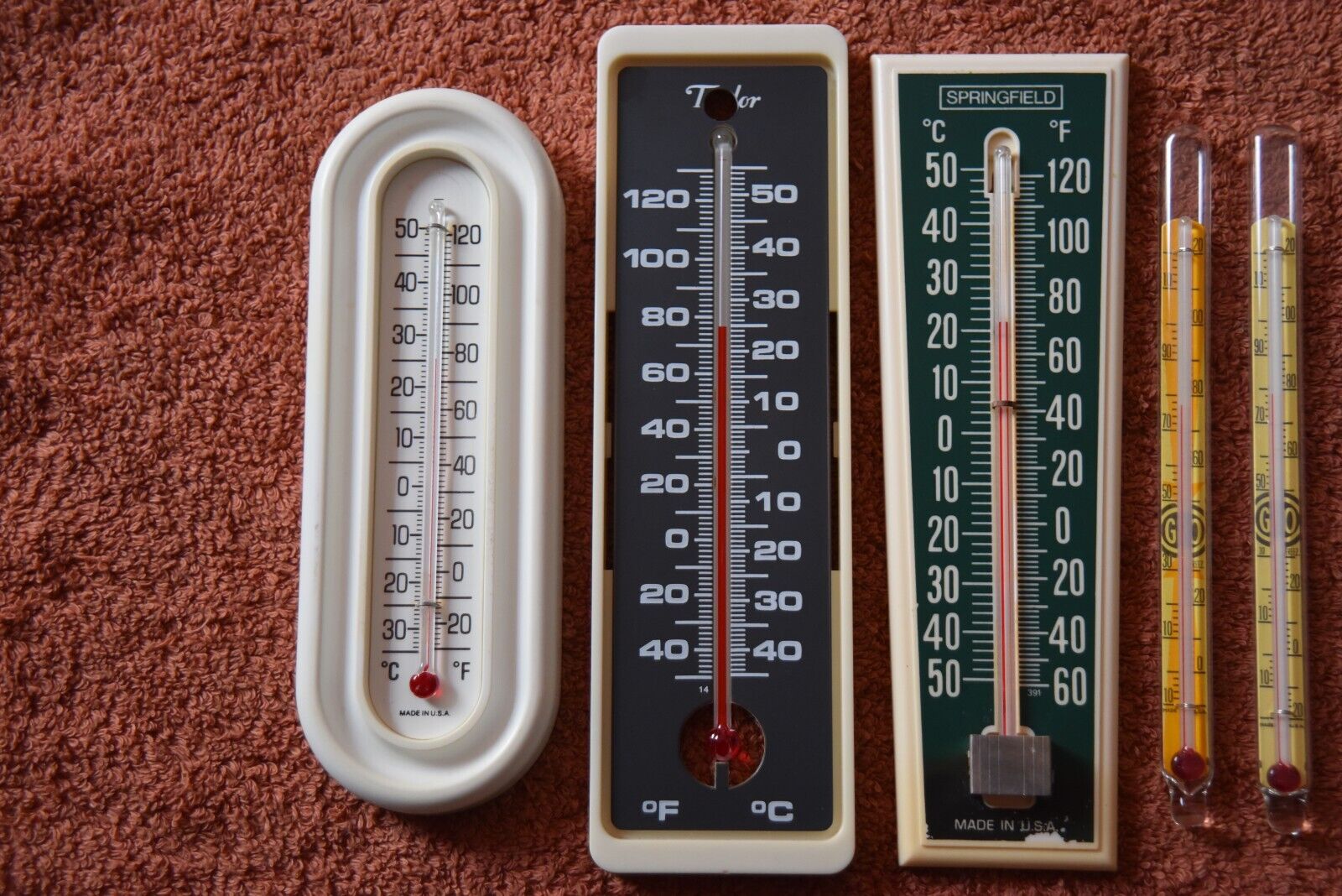 5 VNTG VARIED STYLES THERMOMETERS: TAYLOR SPRINGFIELD GLASS CHANEY SALE/SHIPPED