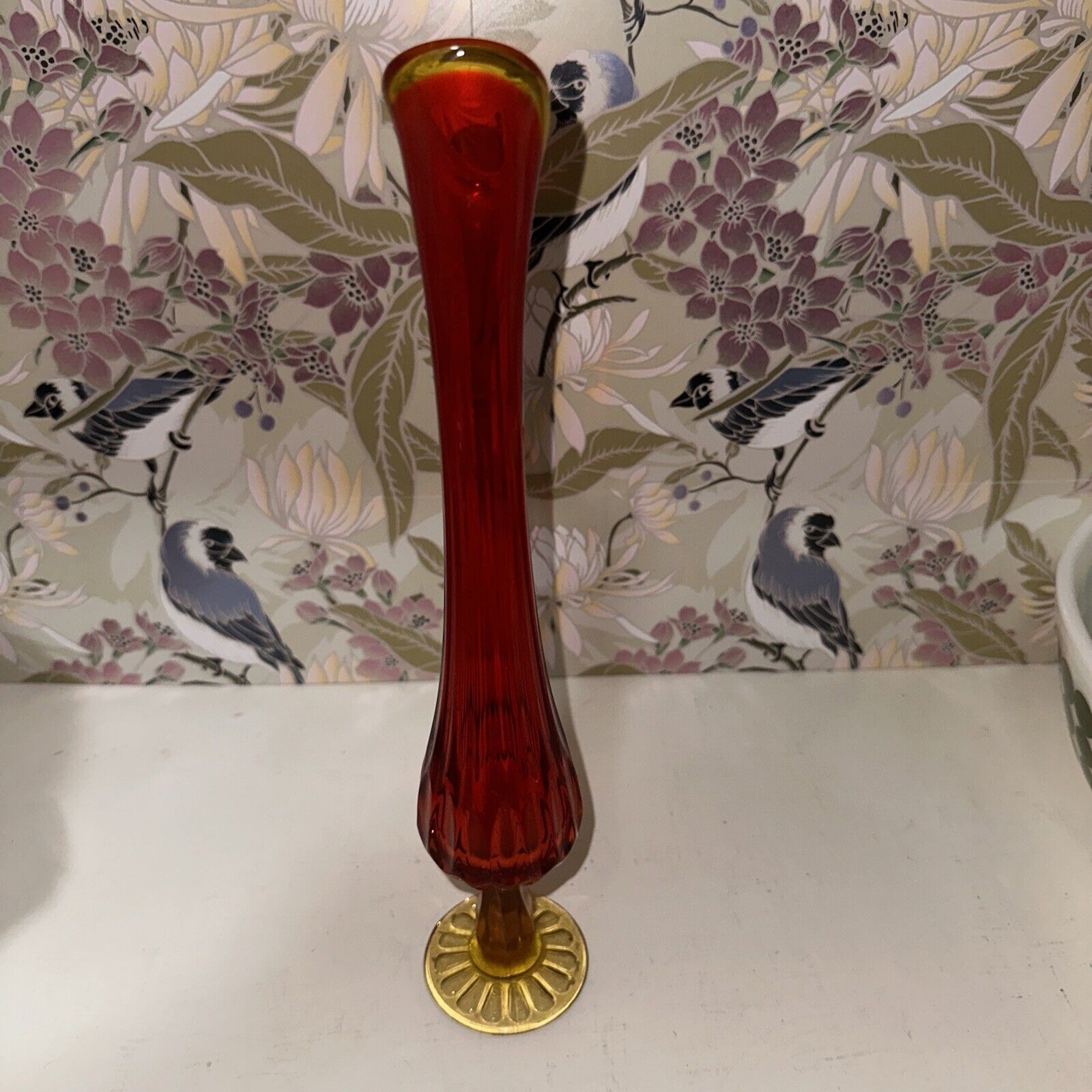Vintage Red Orange Amberina Stretch 13” Swung Glass Vase