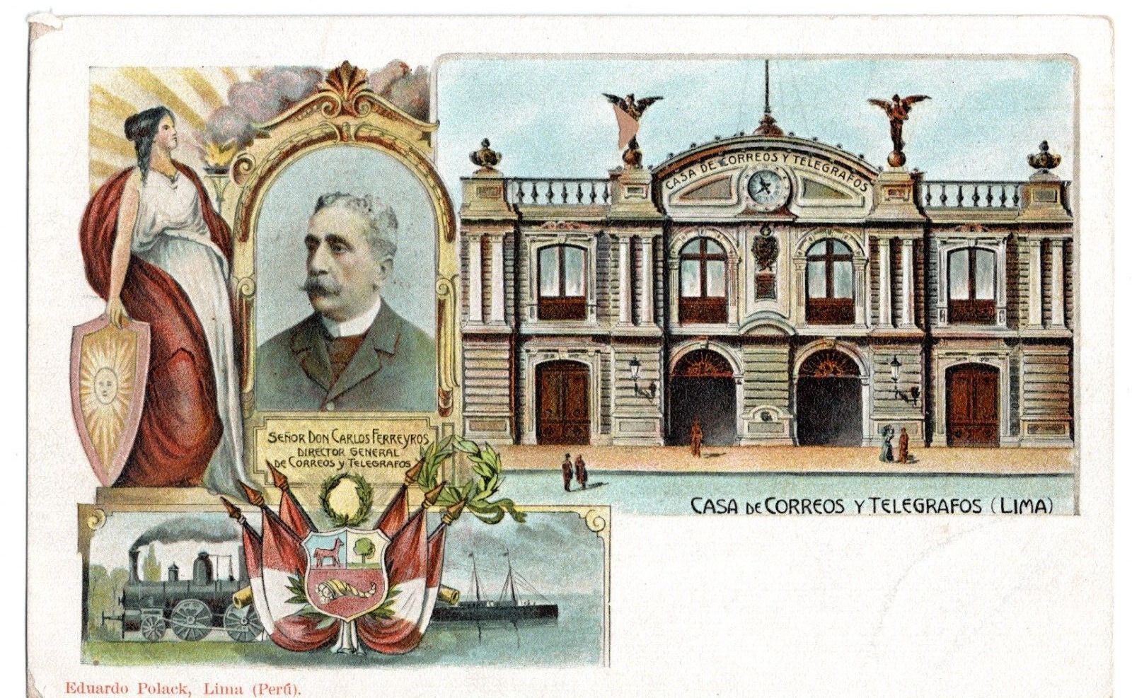 Postcard Peru, Post and Telegraph House, Lima Mr. Carlos Ferreyros Director