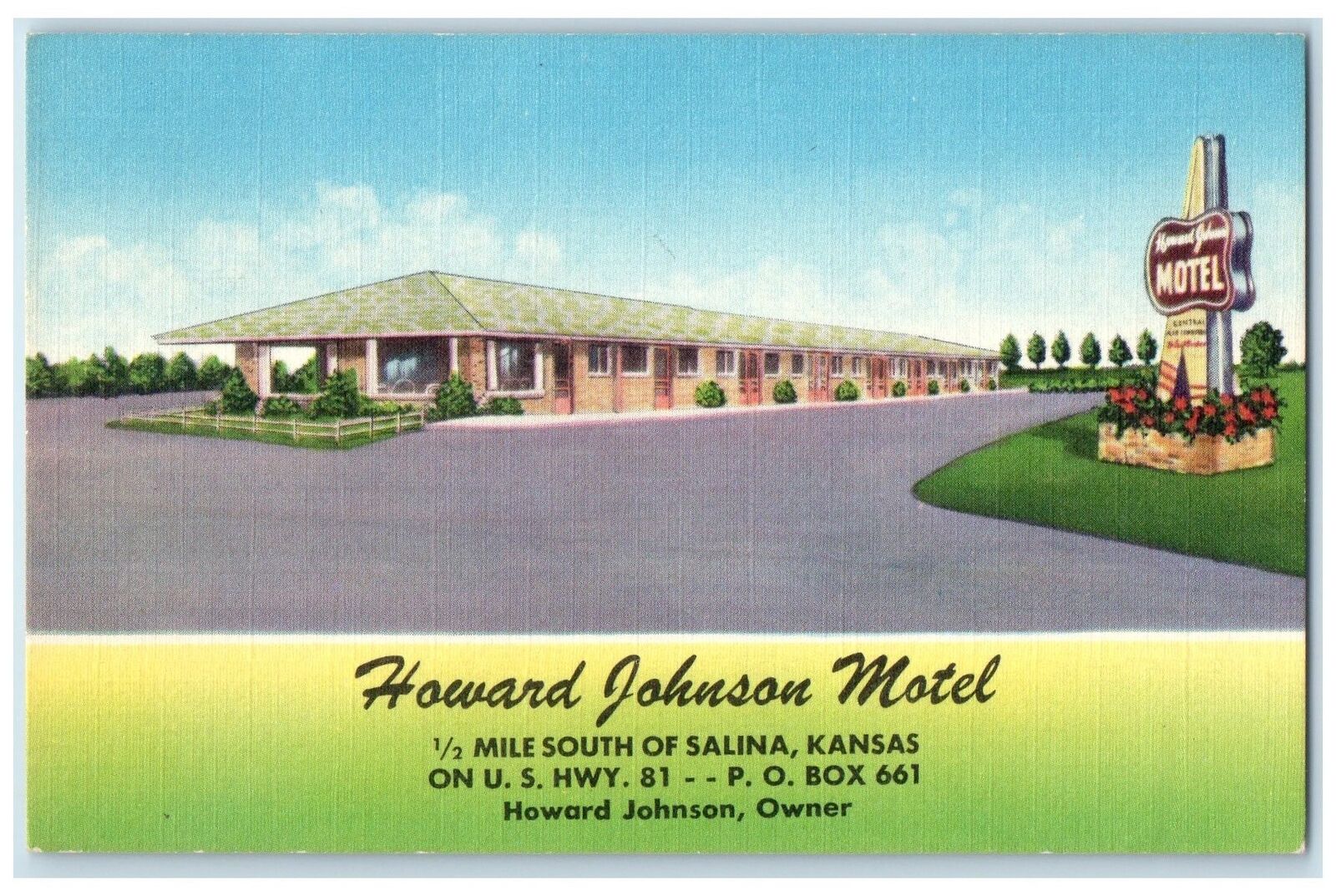 c1940s Howard Johnson Motel Exterior Scene Salinas Kansas KS Unposted Postcard