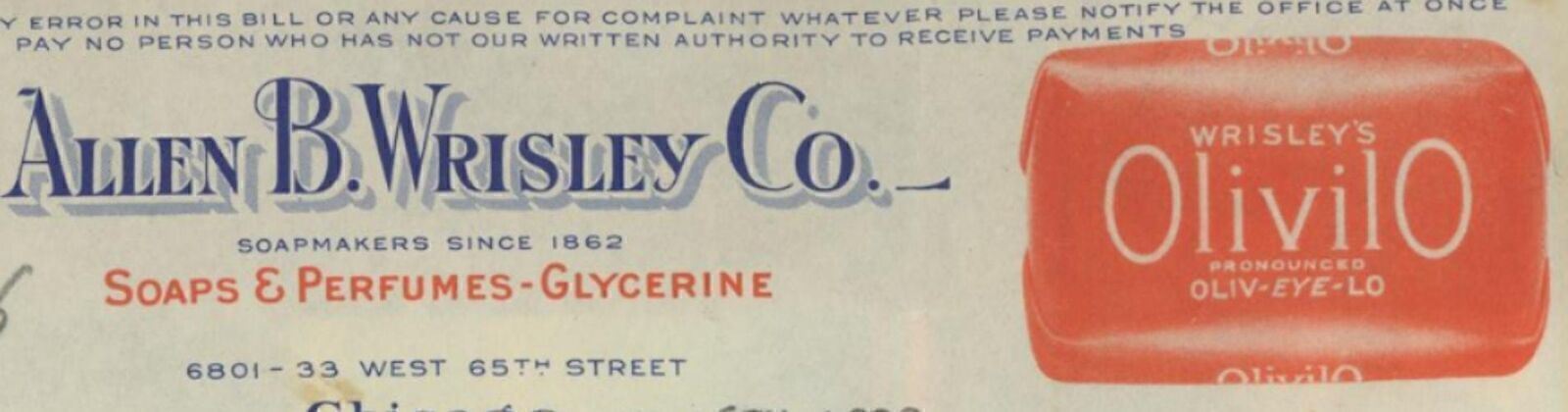 1928 CHICAGO IL ALLEN B WRISLEY CO SOAPS PERFUNES GLYCERINE INVOICE 27-82
