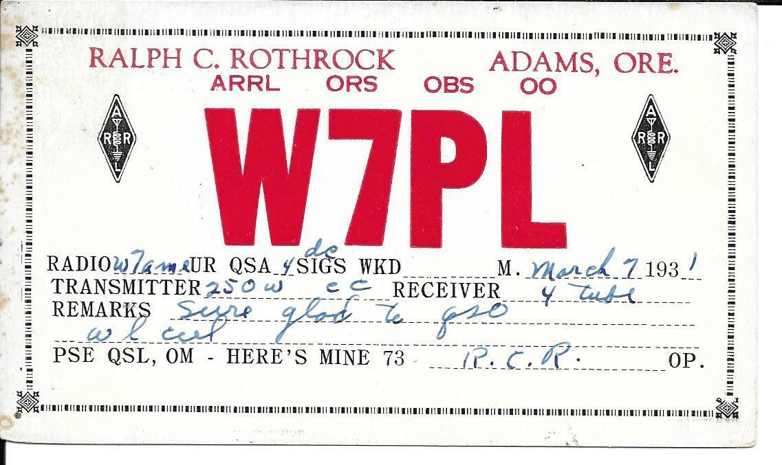 QSL  1931 Adams Oregon   radio card   