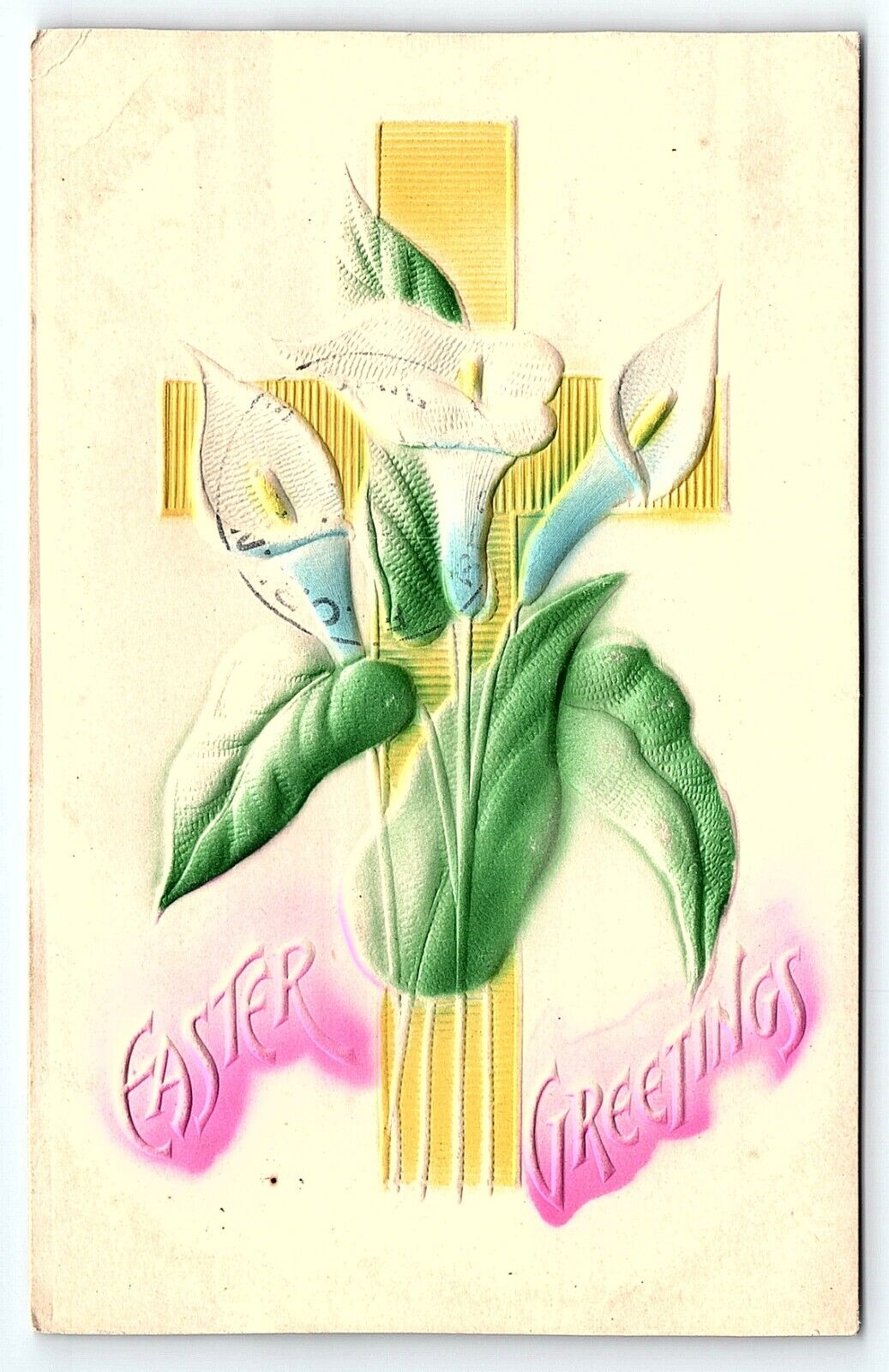 1909 EASTER GREETINGS VERY HEAVY EMBOSSED CROSS LILLY MEADOW SD POSTCARD P3253