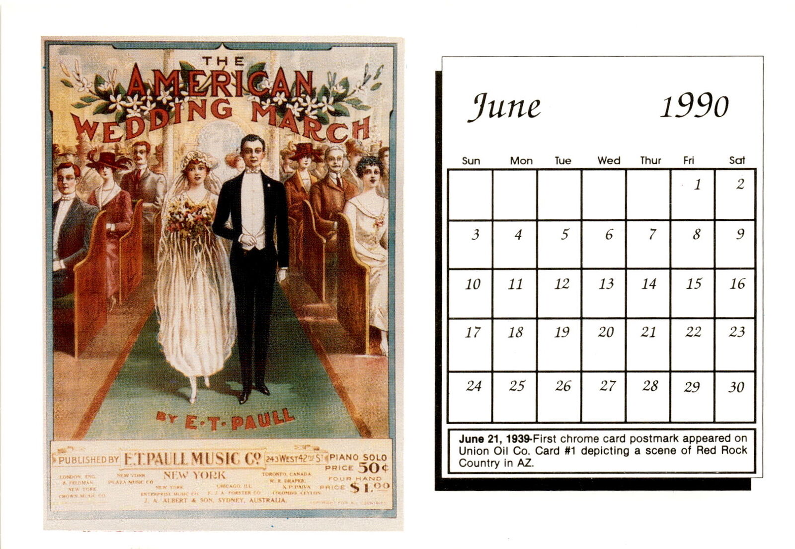 1990 American Wedding March postcard from Sheet Music Calendar