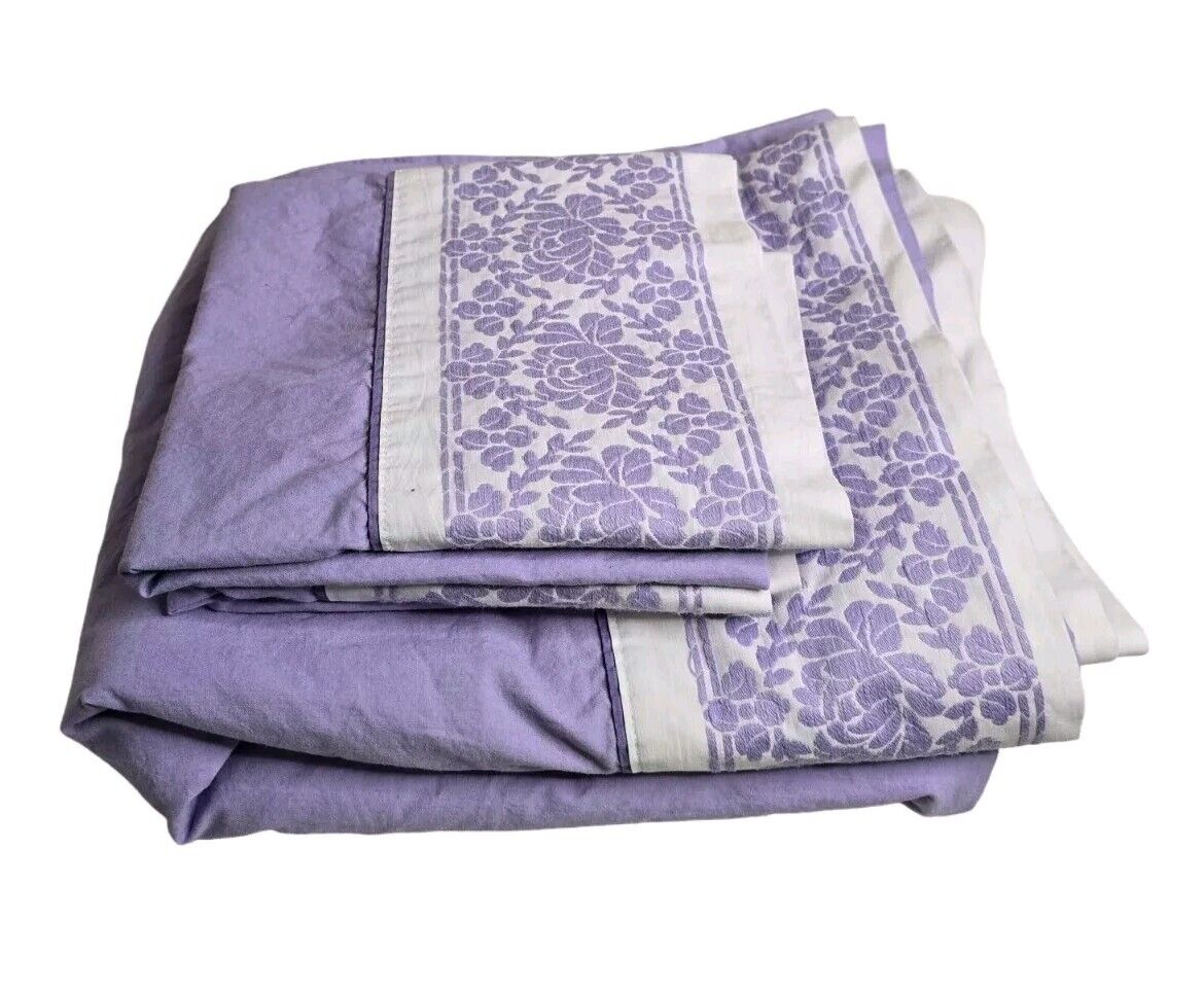 Vintage Cannon Double Bed Purple Floral Flat Sheet and 2 Pillowcases Cottagecore