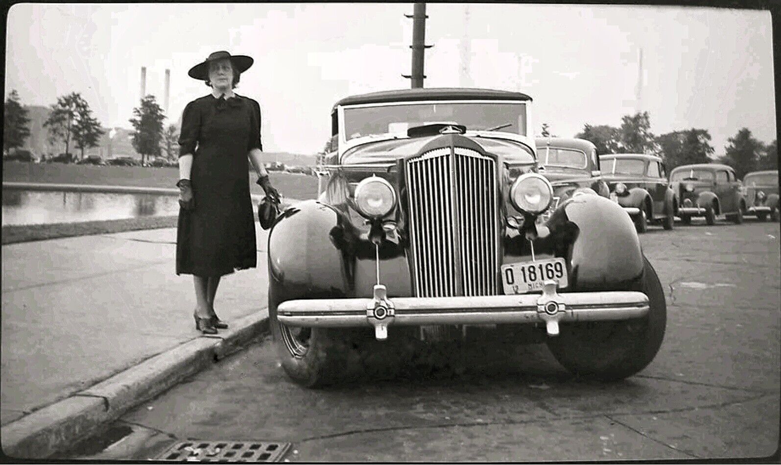 Vintage 1930 Photo Negative Woman Next to 1936 Model PACKARD AUTOMOBILE Michigan