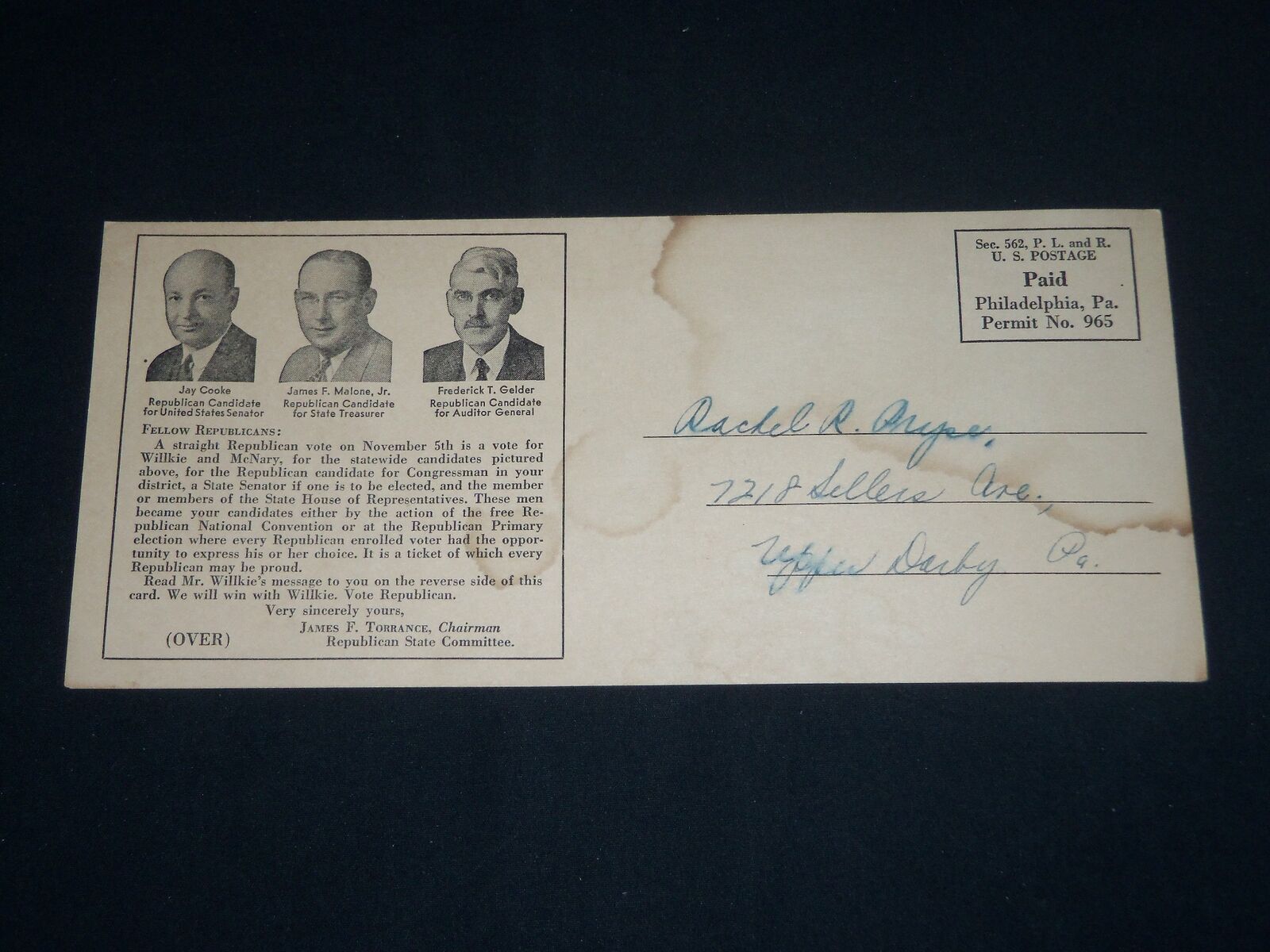 1940 PENNSYLVANIA REPUBLICAN MAILER WENDELL WILLKIE - CHARLES L. MCNARY- J 3656