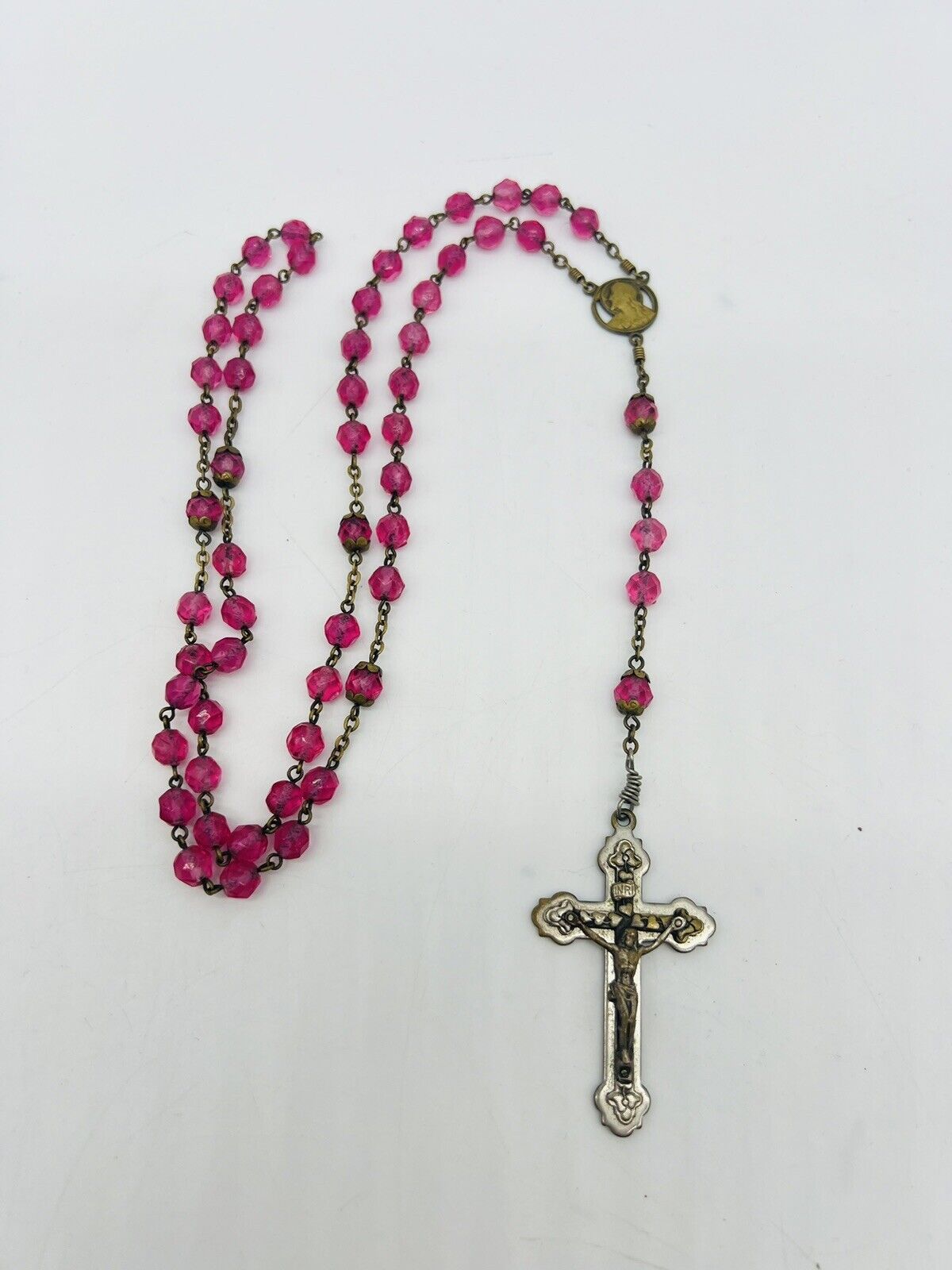 Vintage Rosary Vibrant Pink Stones Crucifix Catholic  28”