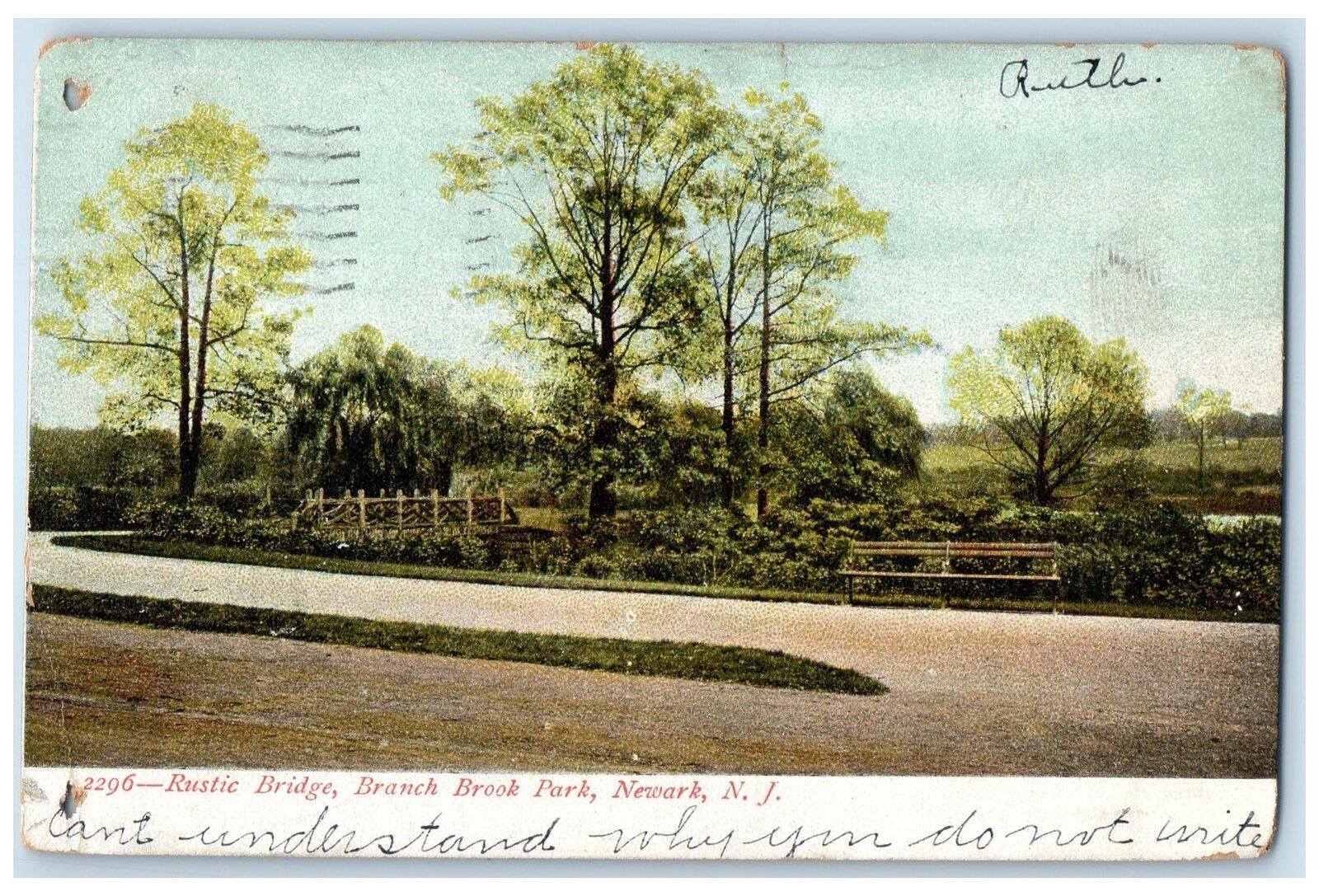 1907 Rustic Bridge Dirt Road Grove Bench Branch Brook Park New Jersey Postcard