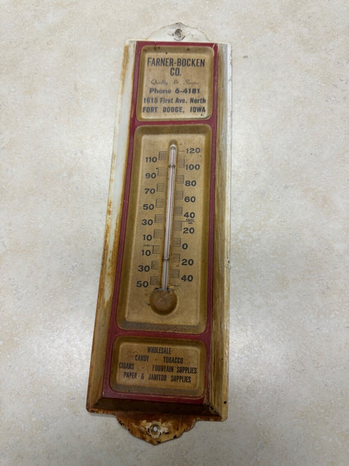 Vintage Metal Advertising Thermometer Farner Bocken Co. Fort Dodge Iowa