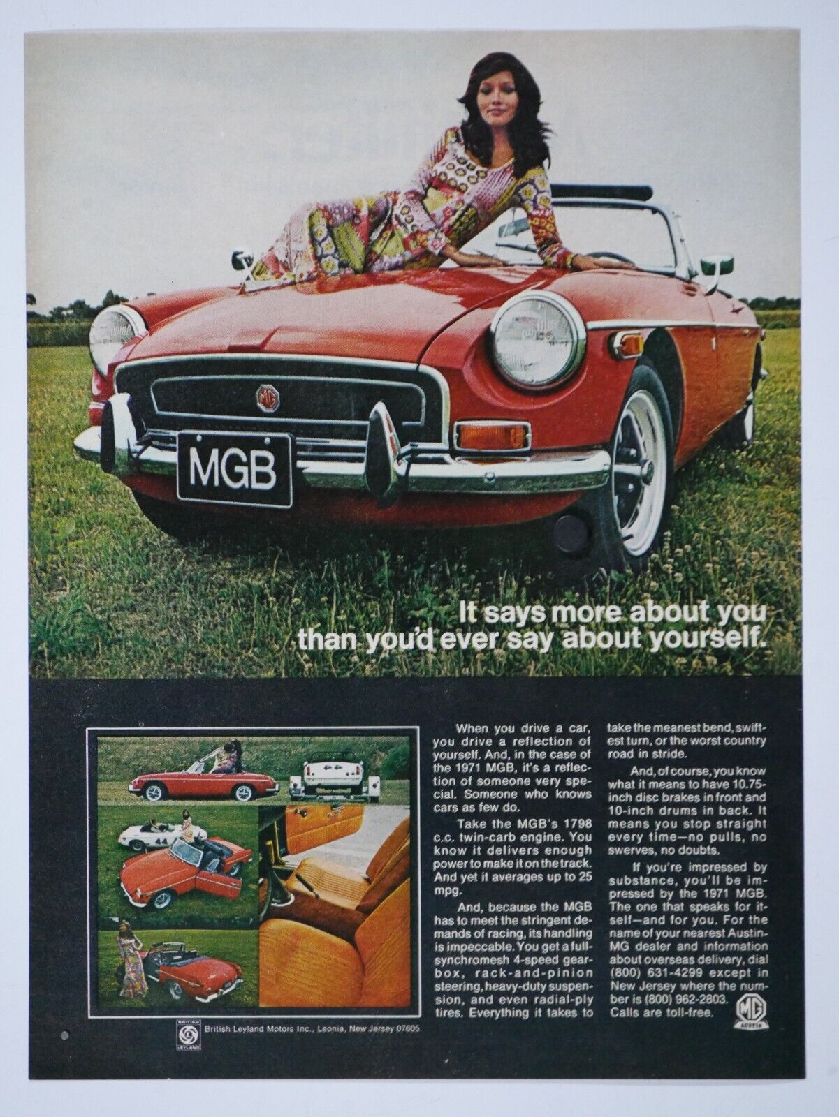1971 MGB Convertible Red Vintage Original Print Ad 8.5 x 11
