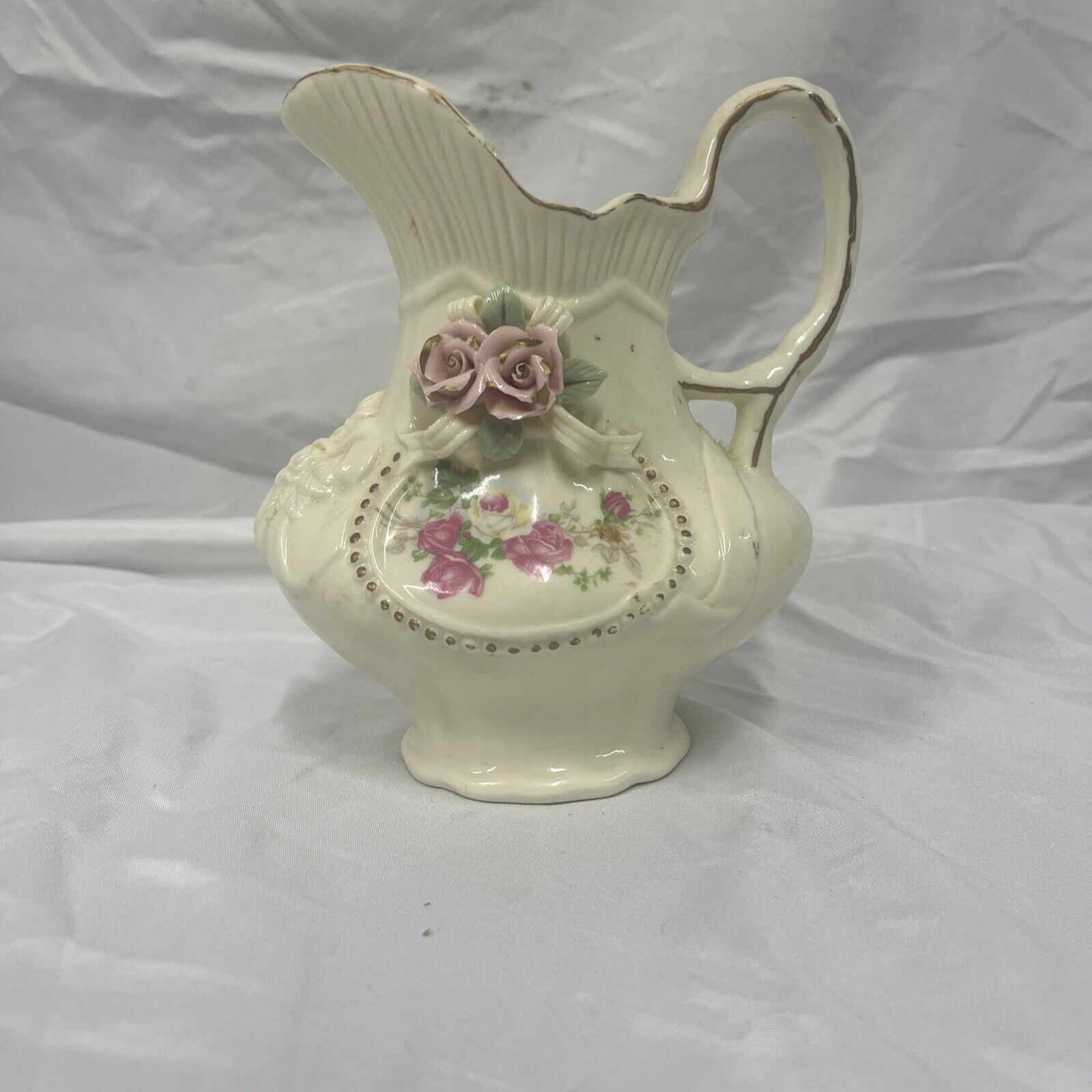Vintage Ceramic Embossed Capodimonte Pitcher w/ Pink 