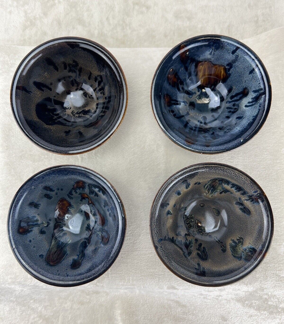 Set Of 4 Glazed Pottery Blue Asian Tea/Sake Cups/Bowls