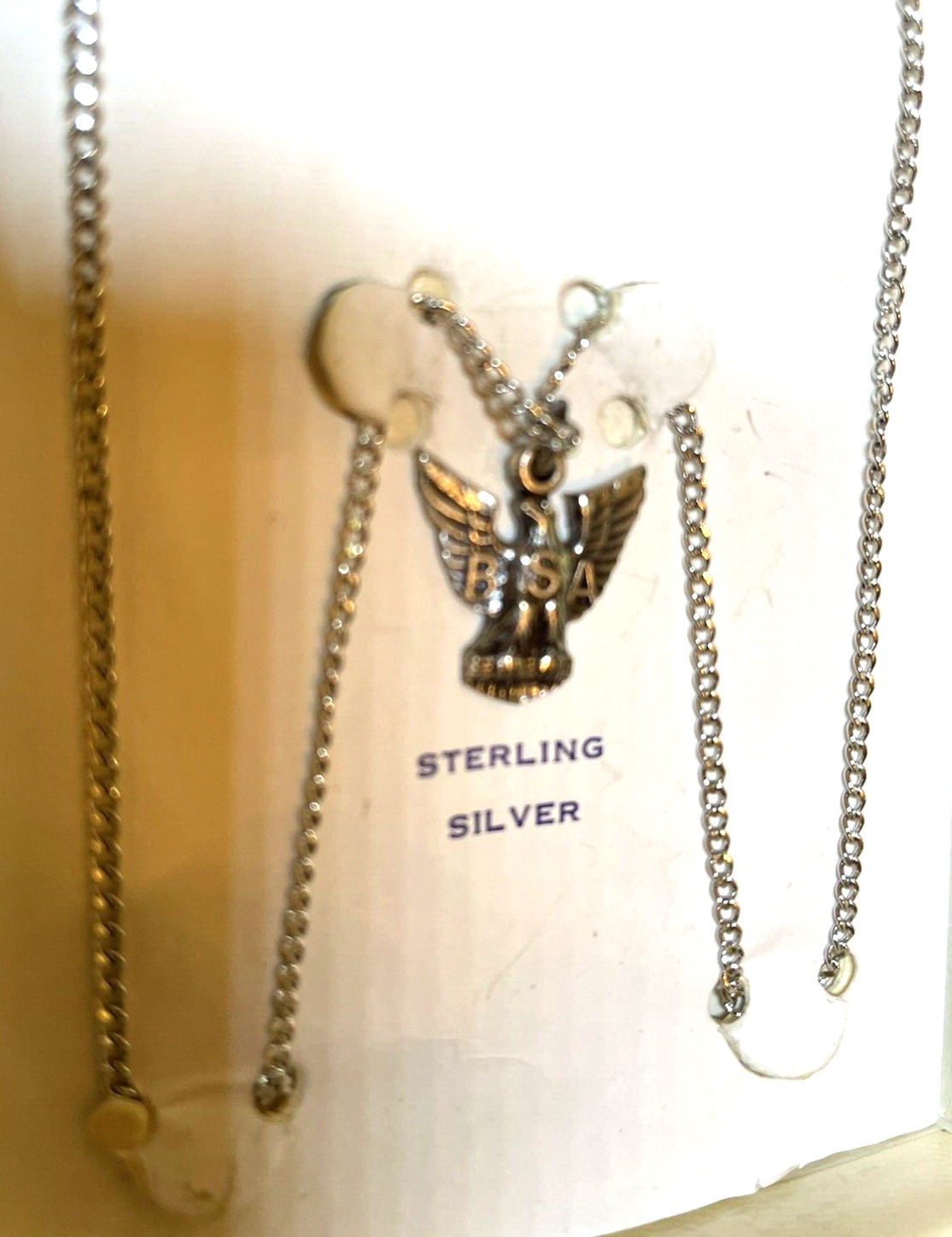 BSA EAGLE BOY SCOUT Sterling Silver STANGE Necklace Medal Pendant Charm ORIG BOX