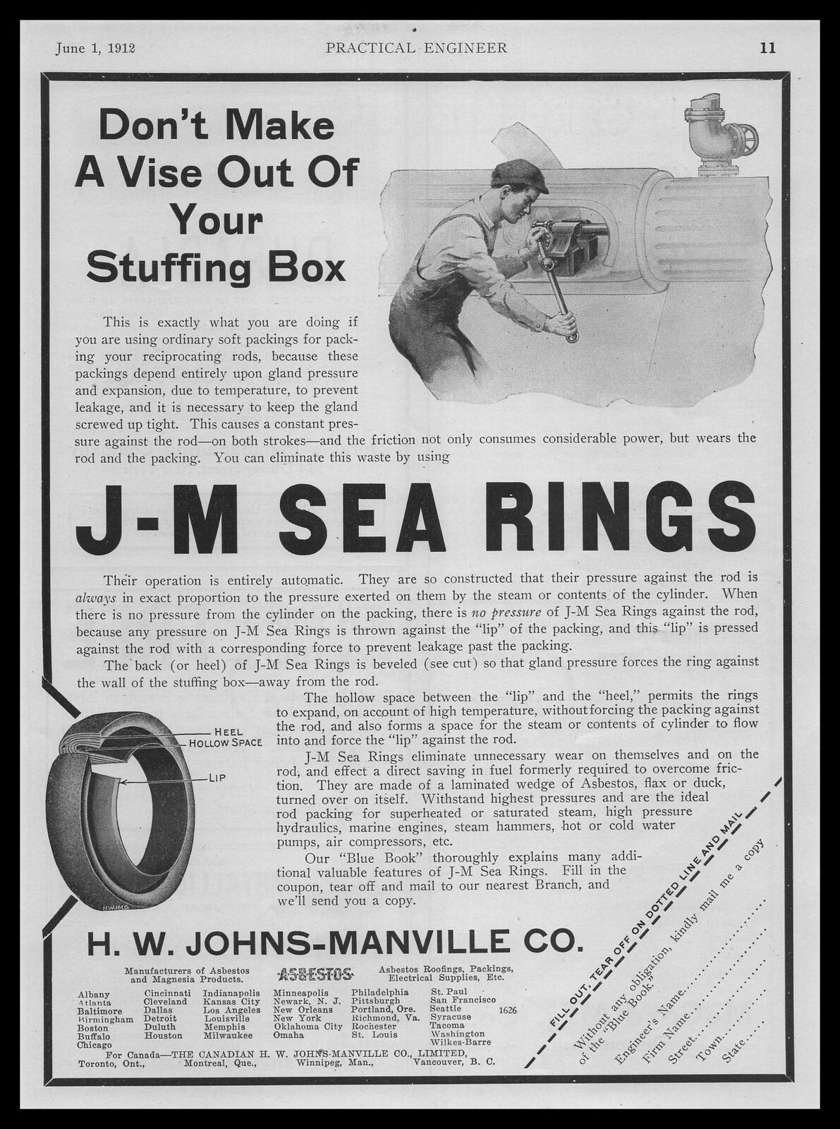 1912 H.W. Johns Manville J-M Sea Rings Factory Worker Blue Book Vintage Print Ad