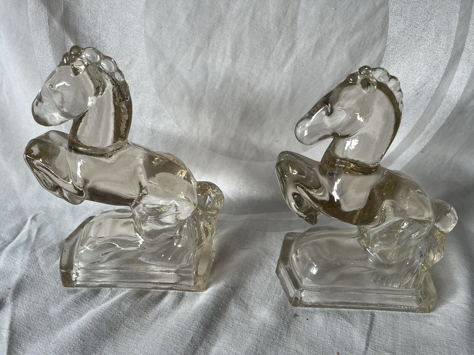 Vintage Clear Glass Rearing Horses Book Ends - 8 Inches Tall