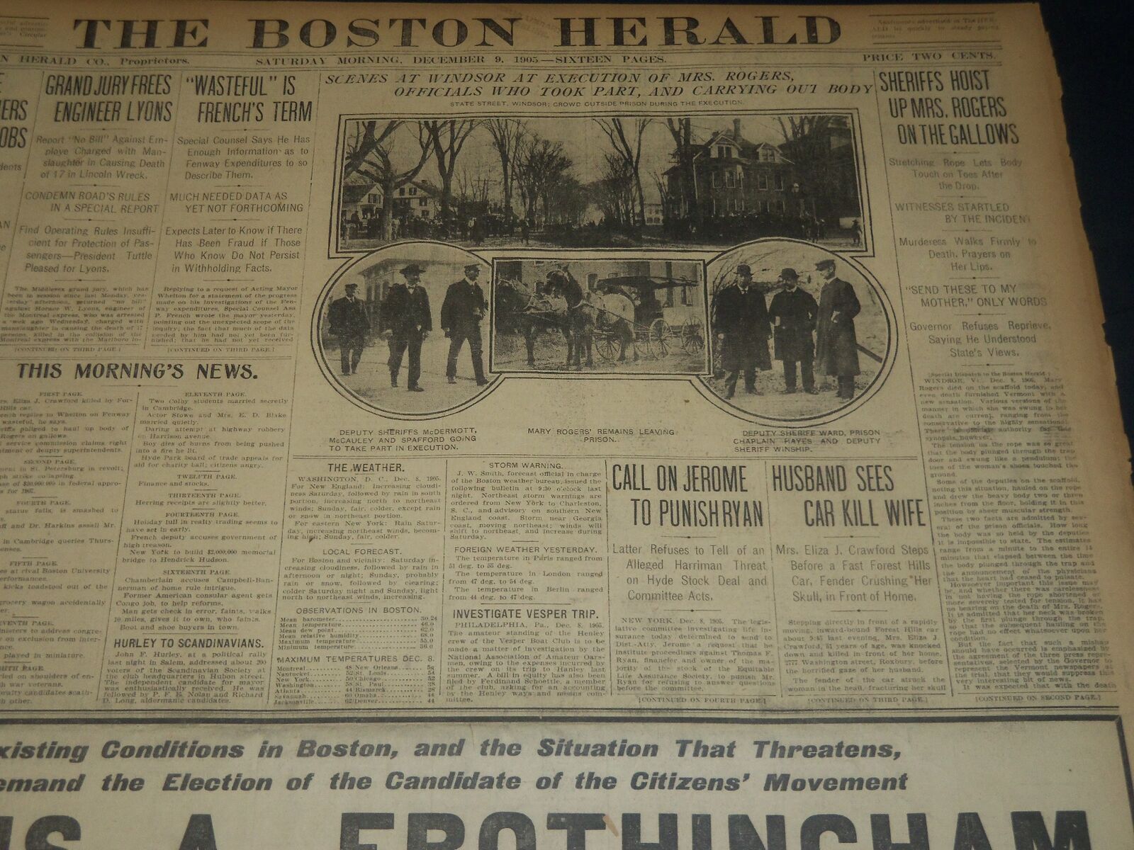 1905 DECEMBER 9 THE BOSTON HERALD NEWSPAPER- MRS. ROGERS OF THE GALLOWS - BH 270