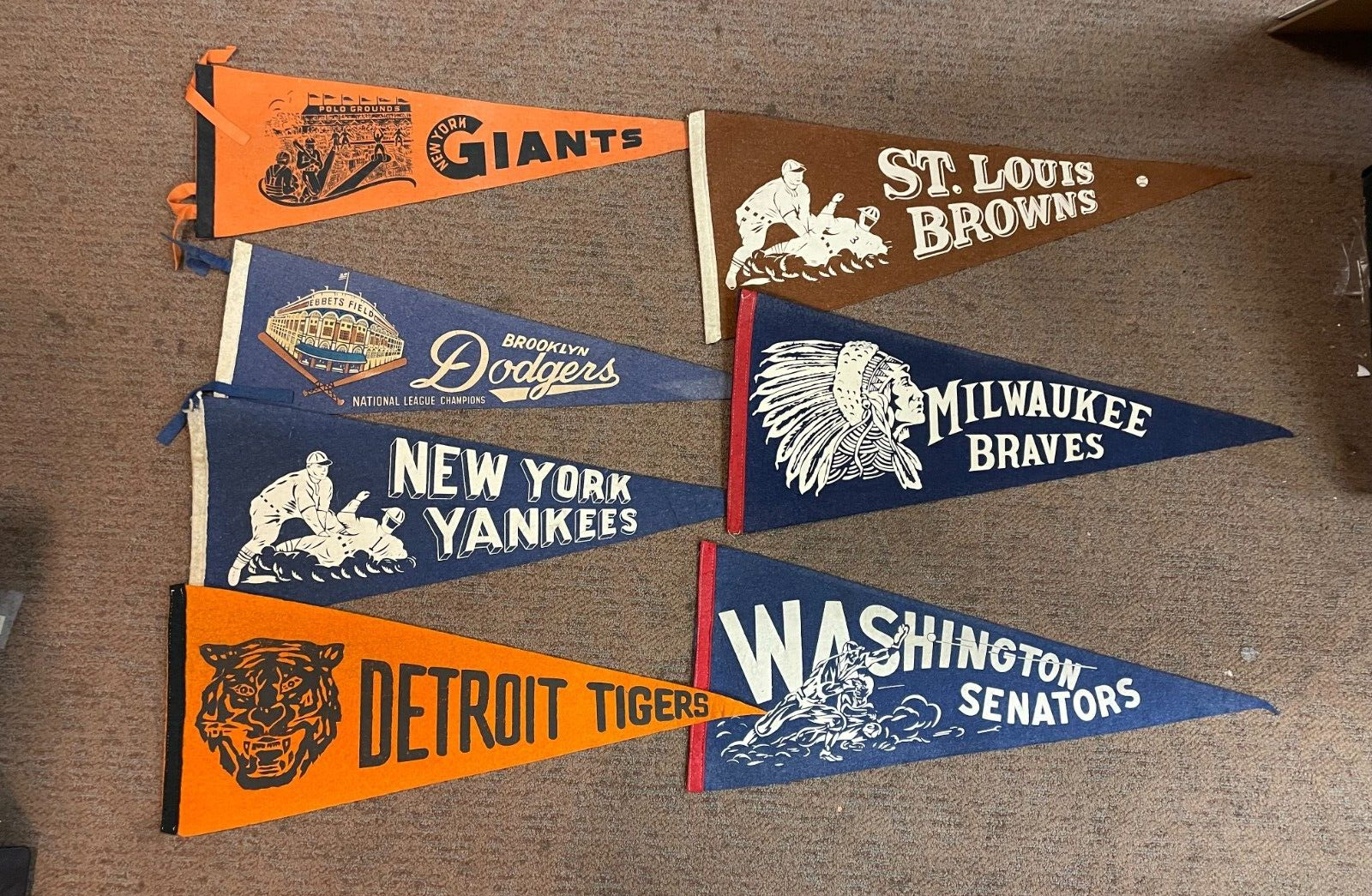 Vintage 1950's Pennant Lot Brooklyn Dodgers, New York Giants, Yankees, Braves