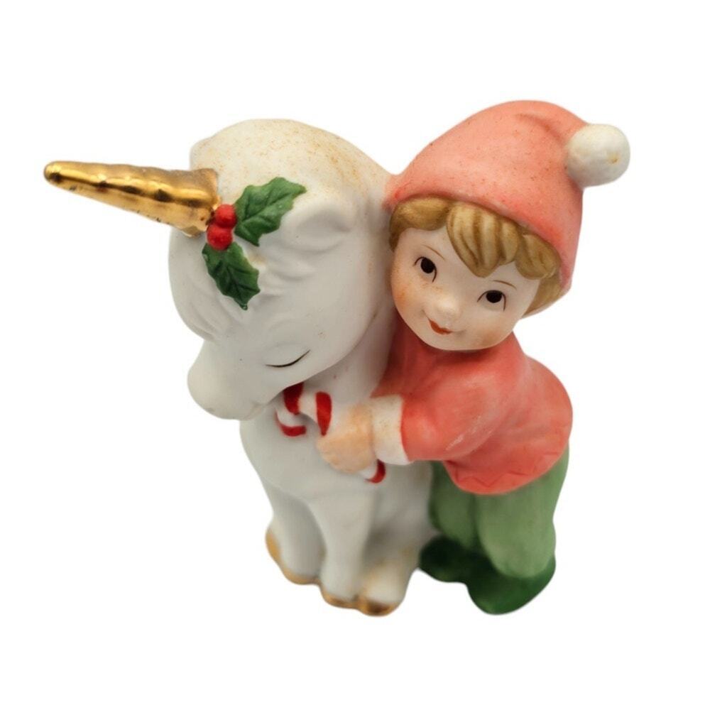 Vintage 1985 Enesco Little Boy Hugging Unicorn Porcelain Figurine Christmas